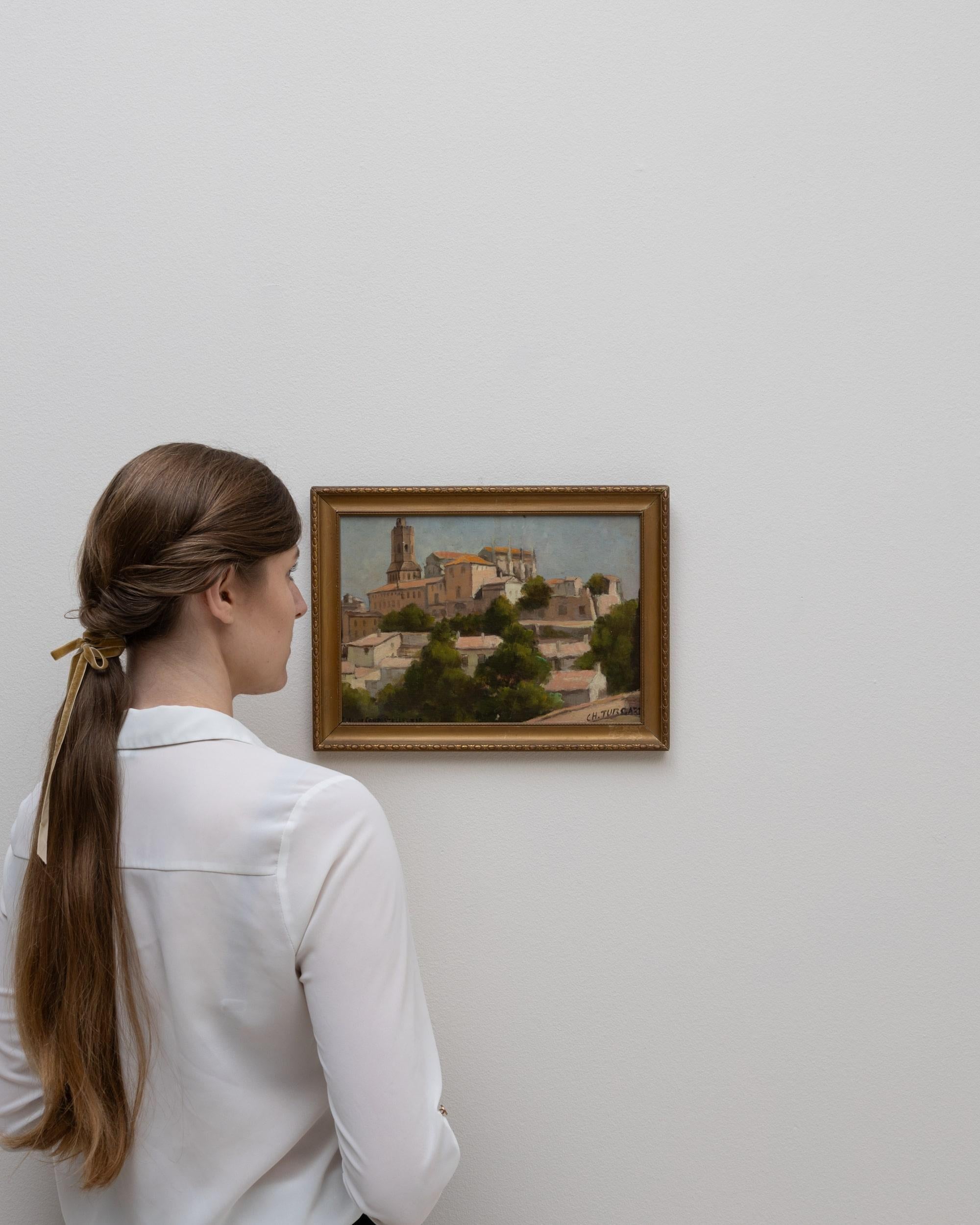 Français Tableau de ville français du 20e siècle avec cadre en bois en vente