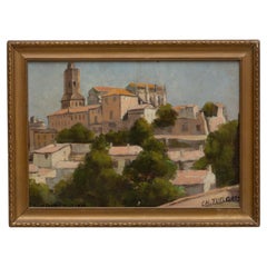 Vintage 20th Century French Town Painting With Wooden Frame