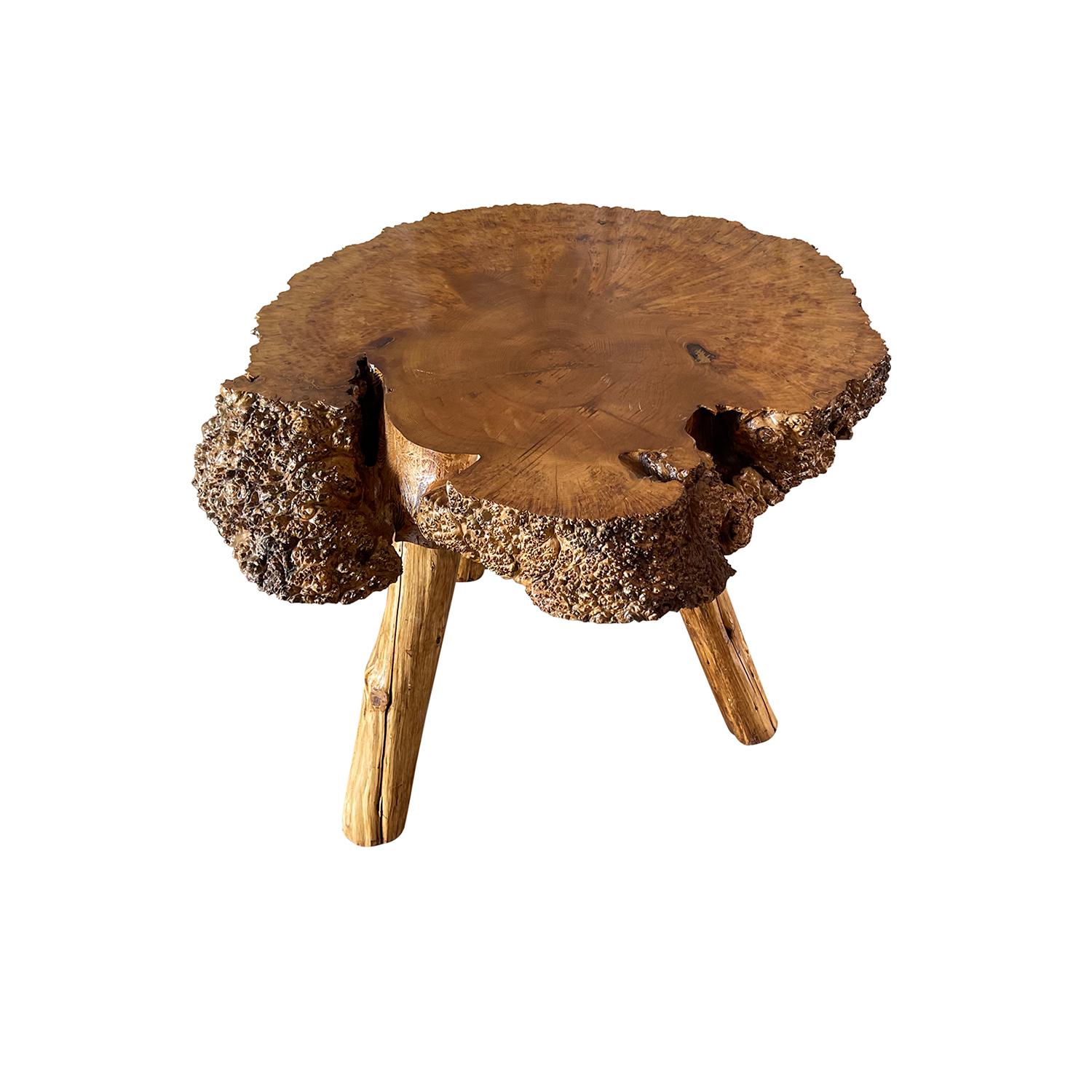 Hand-Carved 20th Century French Tree Trunk Brutalist Table - Vintage Solid Wood Side Table For Sale