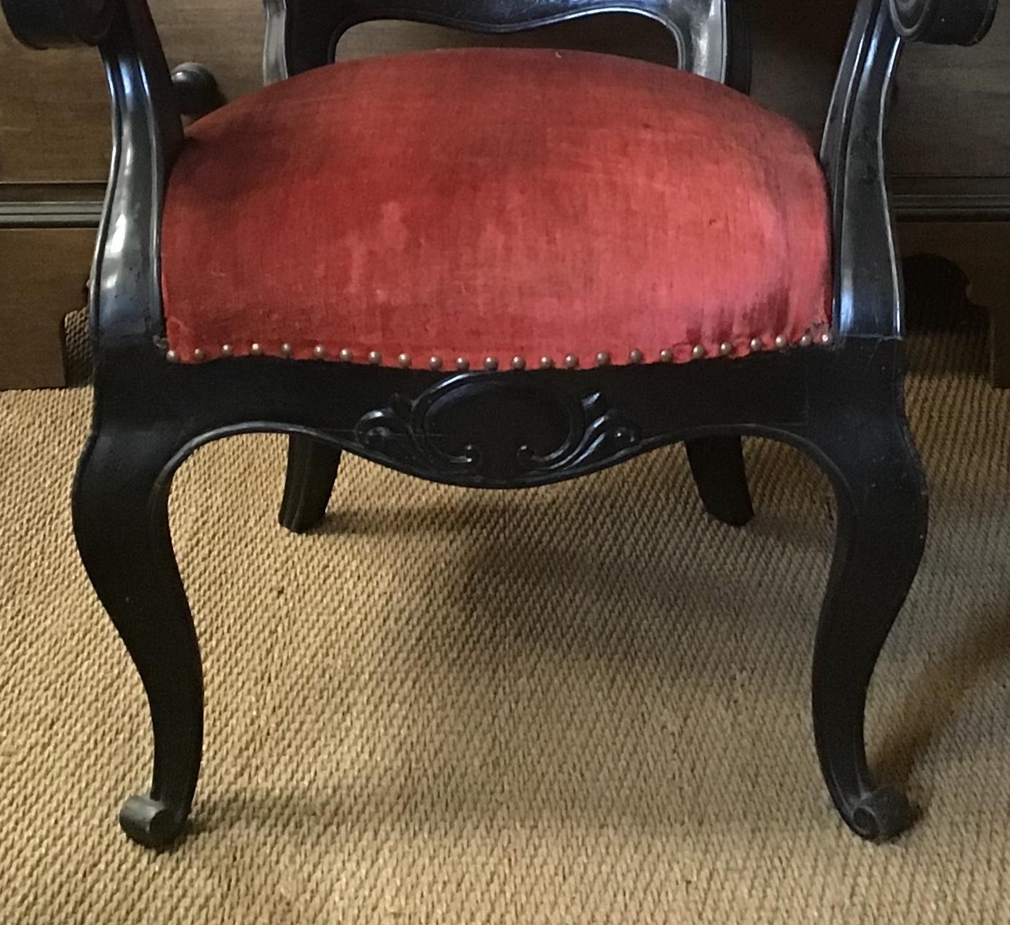 Baroque Revival 20th Century French Upholstered Armchair in Carved Ebonized Wood from 1920 For Sale