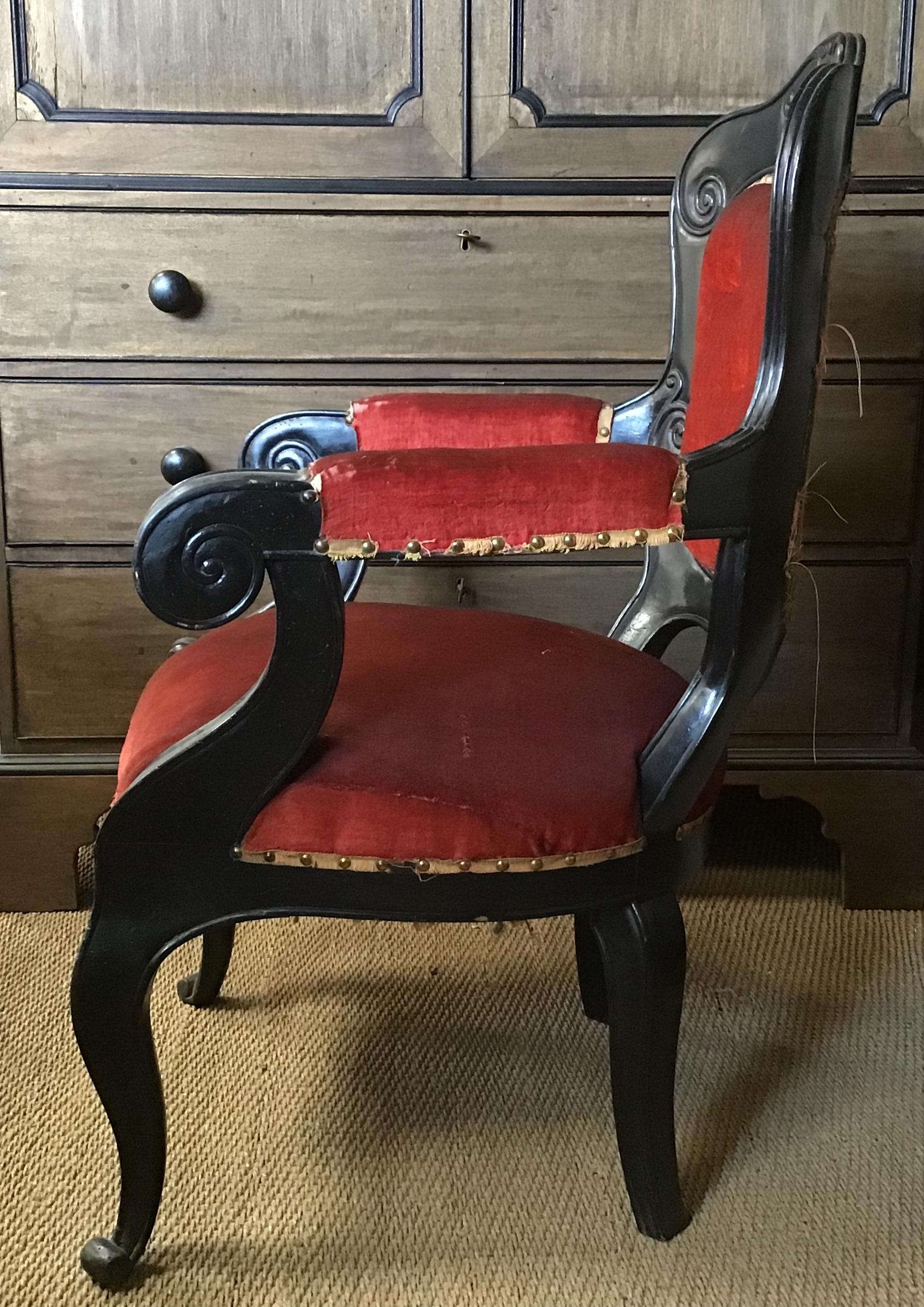 Early 20th Century 20th Century French Upholstered Armchair in Carved Ebonized Wood from 1920 For Sale