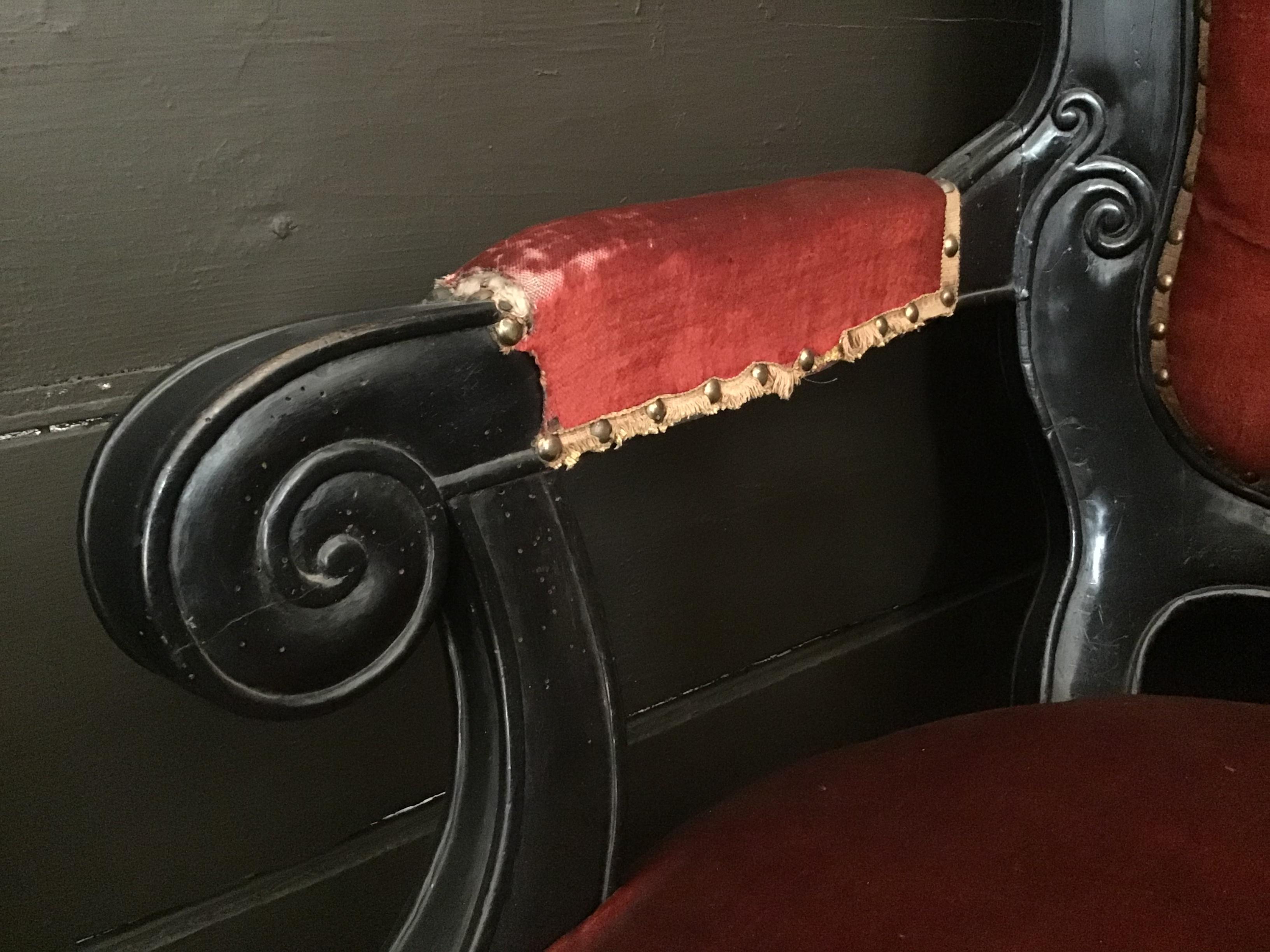 20th Century French Upholstered Armchair in Carved Ebonized Wood from 1920 For Sale 2