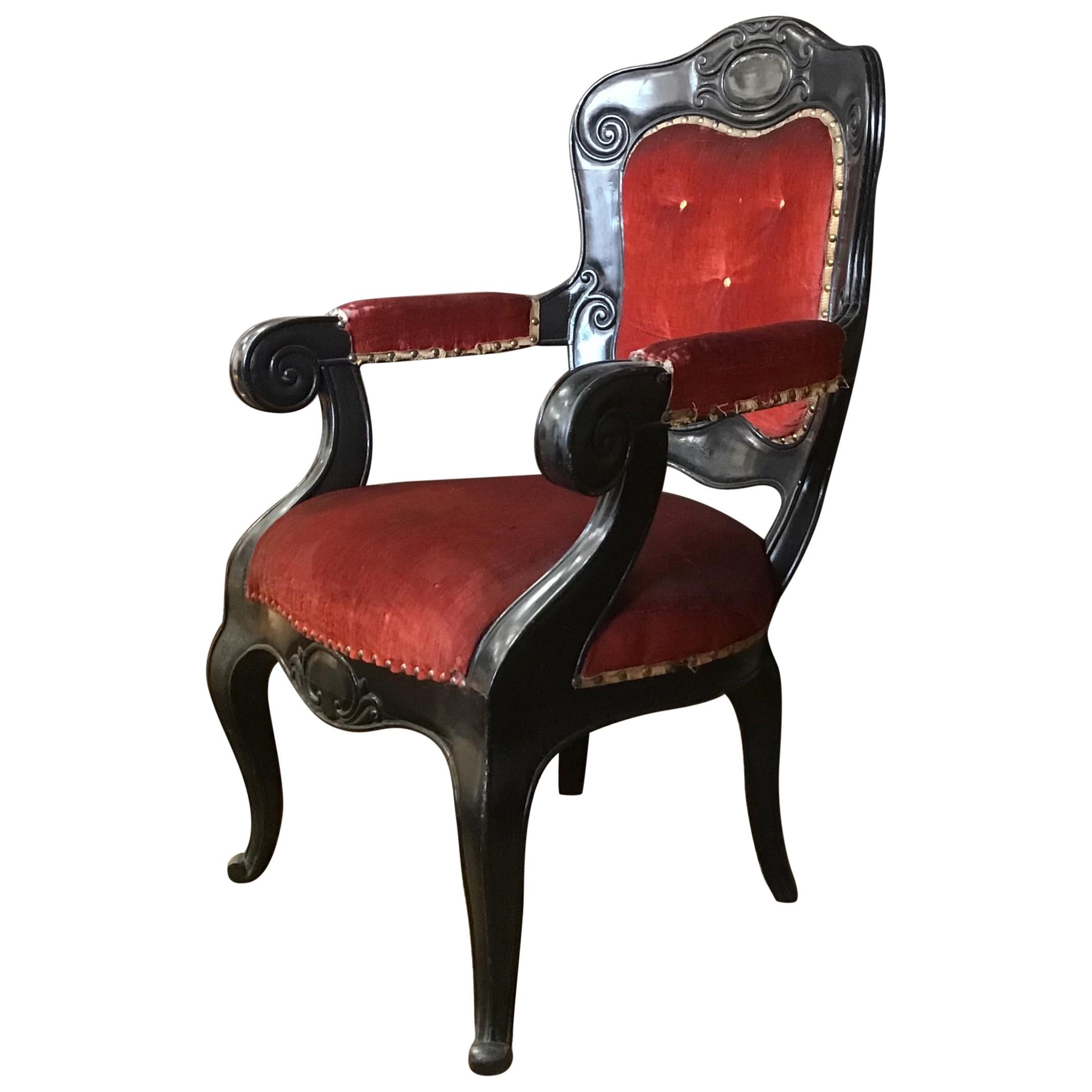 20th Century French Upholstered Armchair in Carved Ebonized Wood from 1920 For Sale