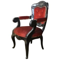 20th Century French Upholstered Armchair in Carved Ebonized Wood from 1920