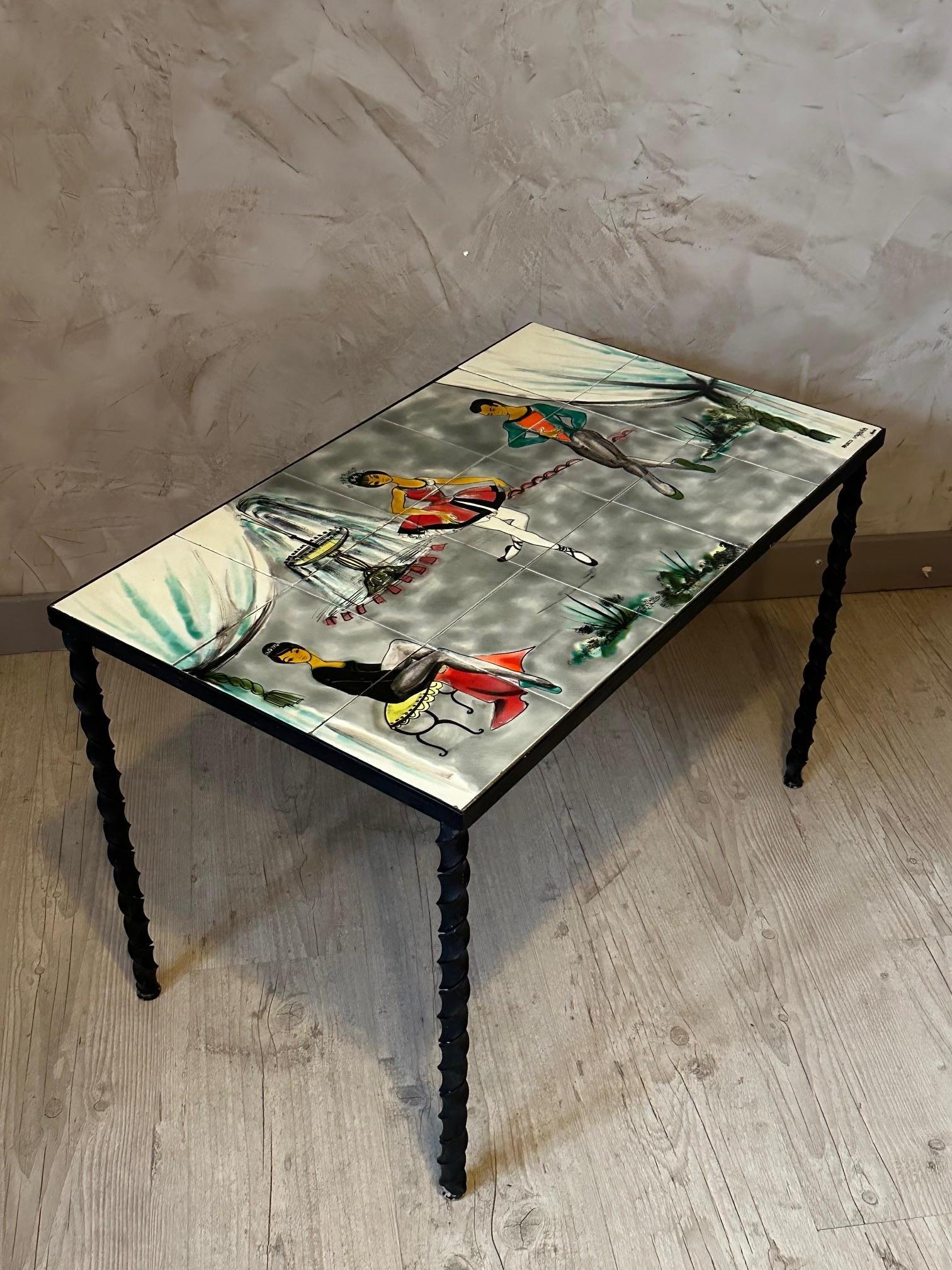 20th century French Vallauris Ceramic and Metal Table For Sale 6