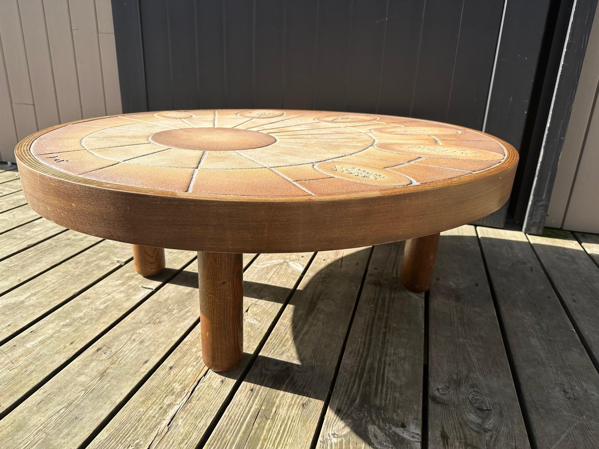 20th century French Vallauris Ceramic and Oak Coffee Table, 1960s In Good Condition For Sale In LEGNY, FR