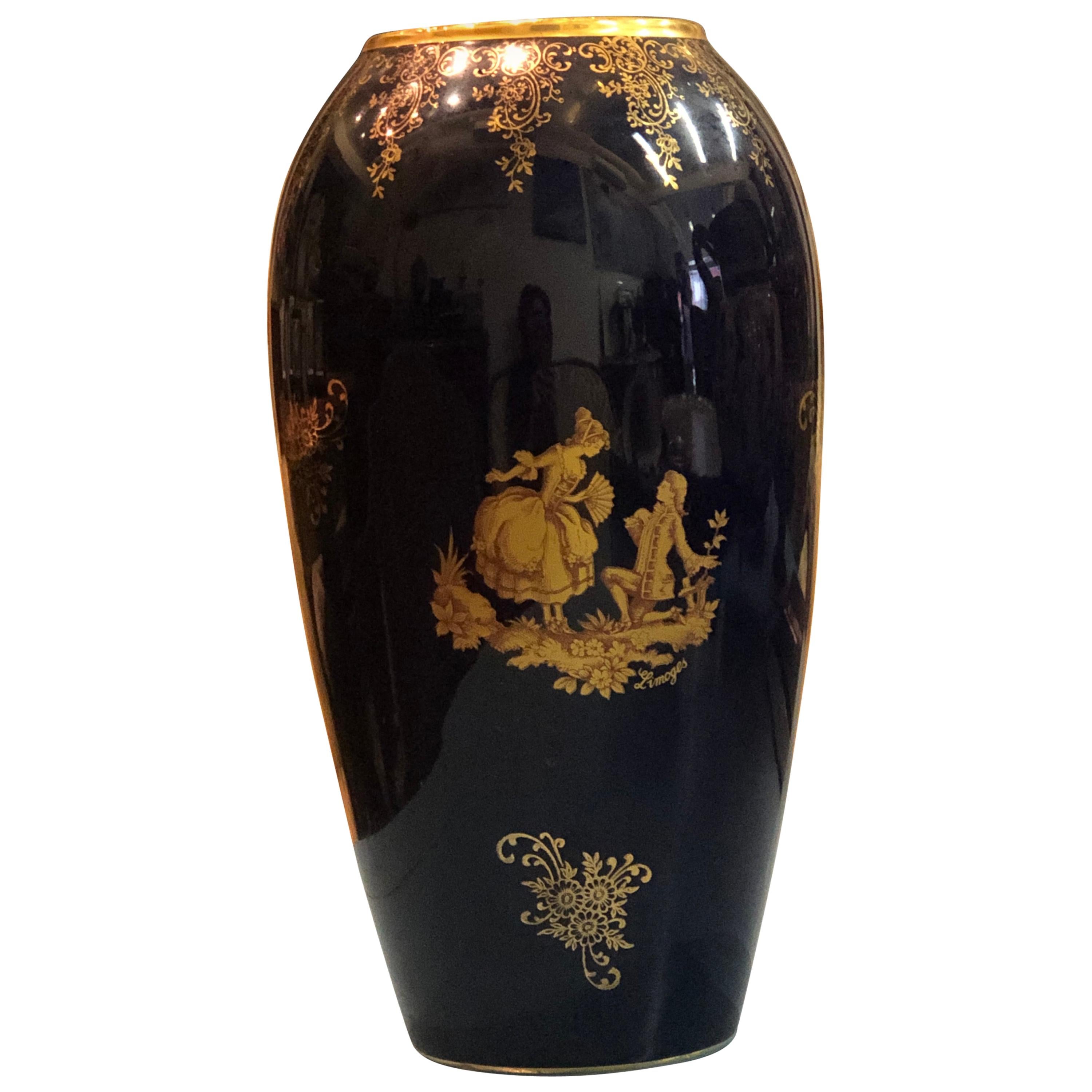 20th Century French Vase in Dark Blue and Gold Decoration by Limoge