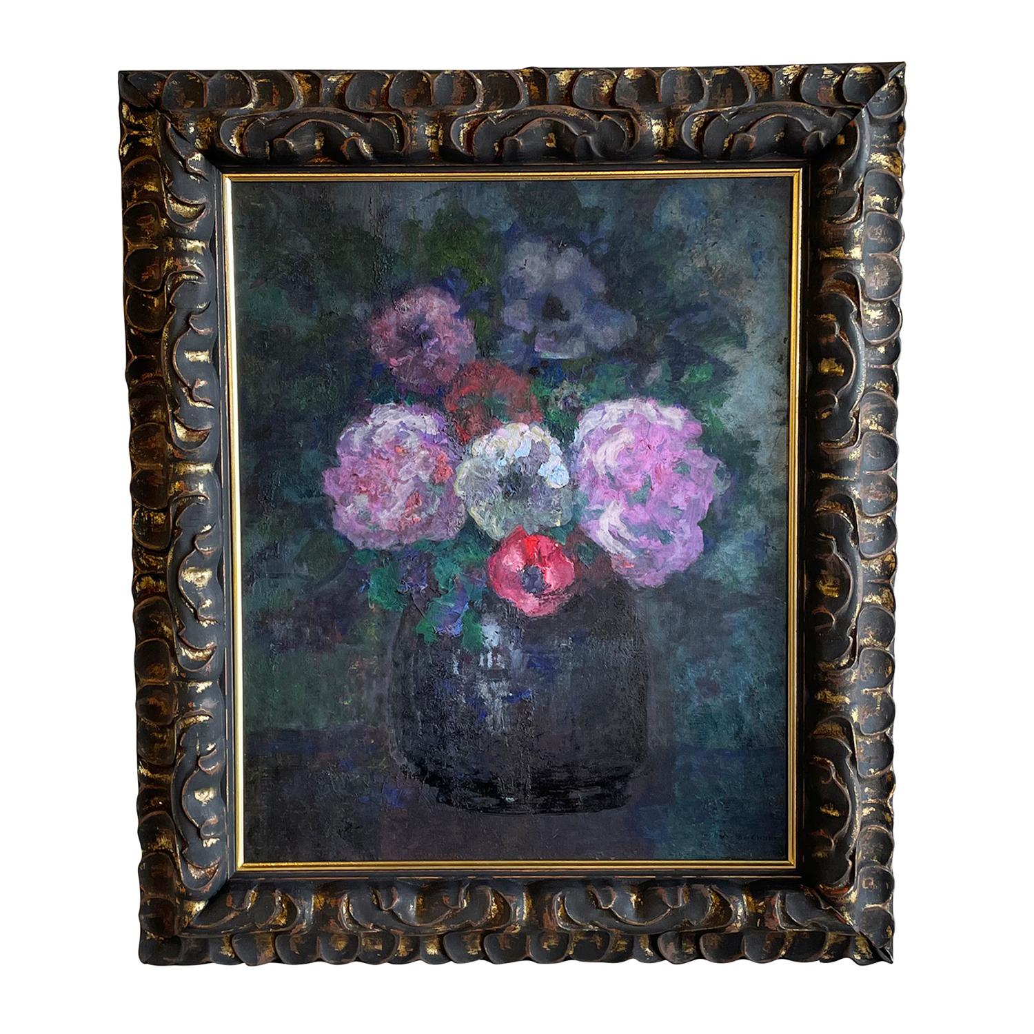 A dark-green, blue oil on canvas painting of a half-round vase with colorful anemones, flowers painted by Victor Charreton, in good condition. The antique French painting represents the 19th century Impressionism art movement period. Signed on the