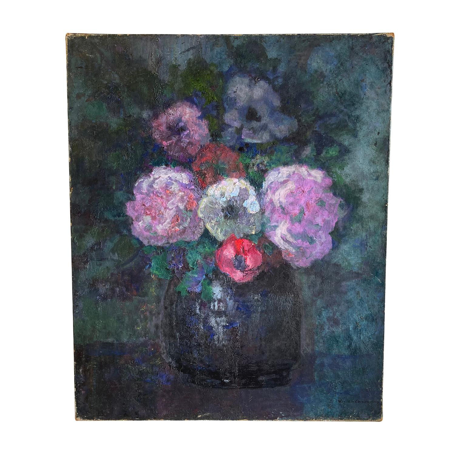 Belle Époque 20th Century French Vase of Colorful Flowers Oil Painting by Victor Charreton For Sale