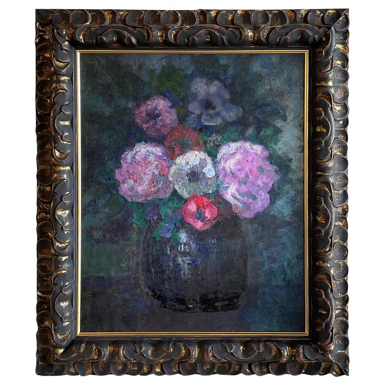 Vase français du 20ème siècle de fleurs colorées, peinture à l'huile de Victor Charreton