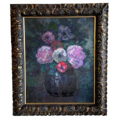 Antique 20th Century French Vase of Colorful Flowers Oil Painting by Victor Charreton