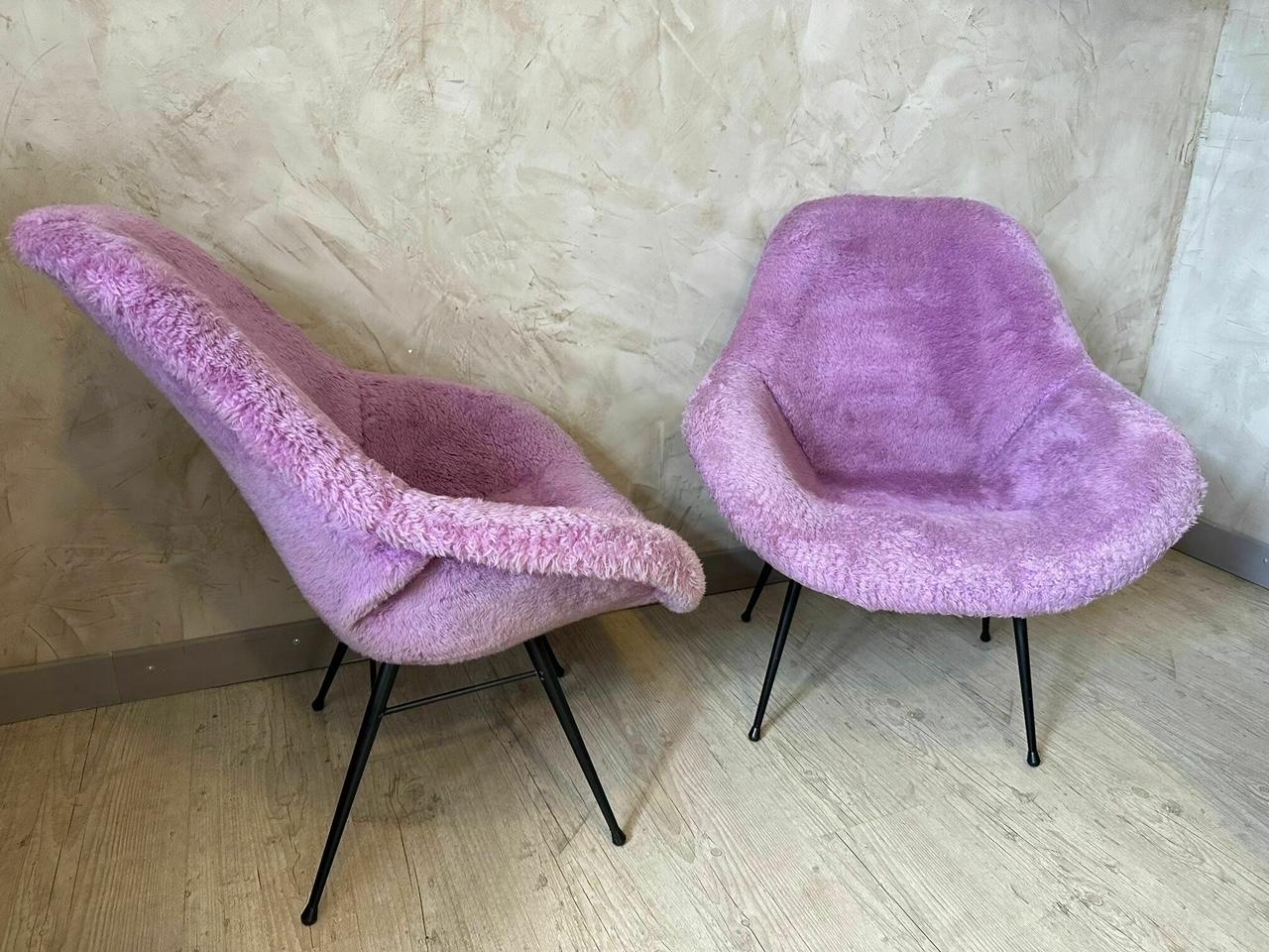 Mid-20th Century 20th century French Vintage Fluffy Purple Fabric Armchair, 1950s For Sale