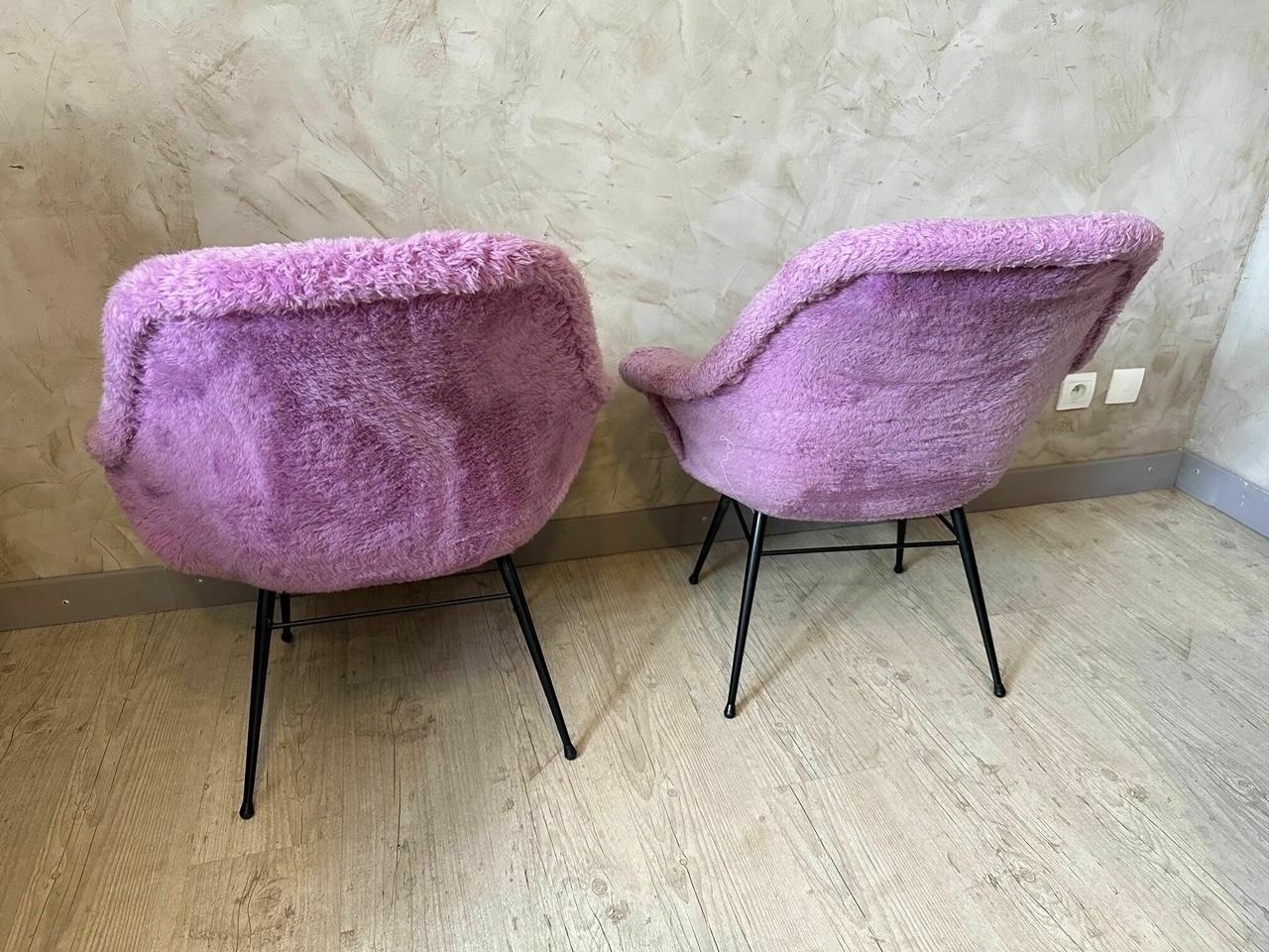 Metal 20th century French Vintage Fluffy Purple Fabric Armchair, 1950s For Sale