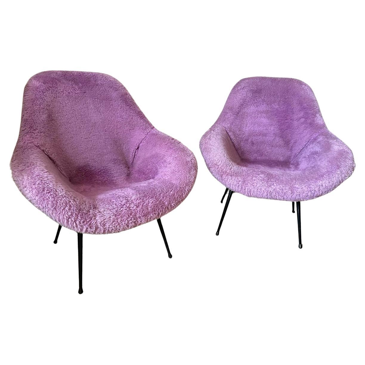 20th century French Vintage Fluffy Purple Fabric Armchair, 1950s For Sale