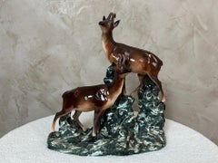 20th century French Vintage Glazed Ceramic Mountain Goat Sculpture, 1960s