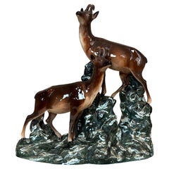 20th century French Vintage Glazed Ceramic Mountain Goat Sculpture, 1960s