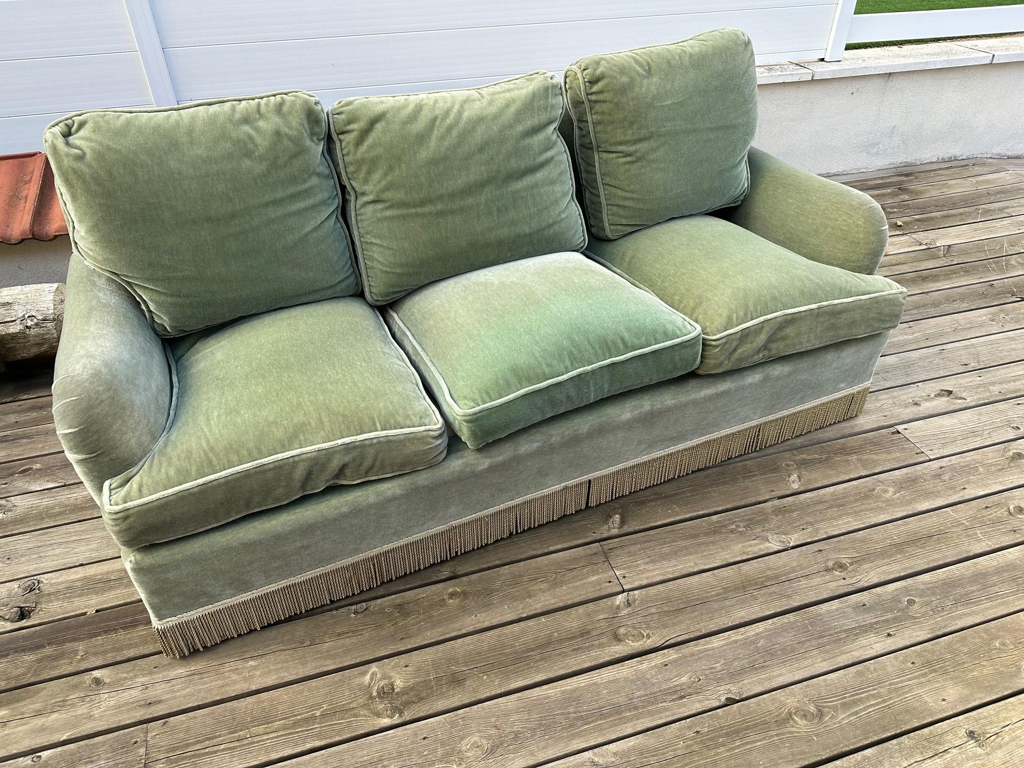 Mid-20th Century 20th century French vintage Green Velvet and Fringes 3 seats Sofa