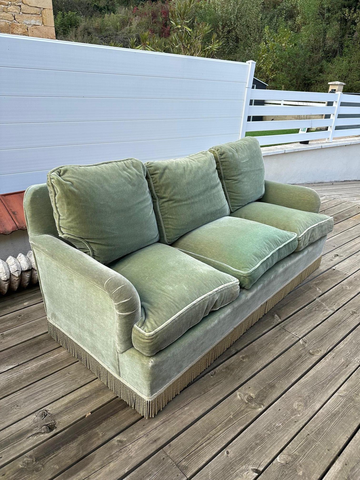 20th century French vintage Green Velvet and Fringes 3 seats Sofa 1