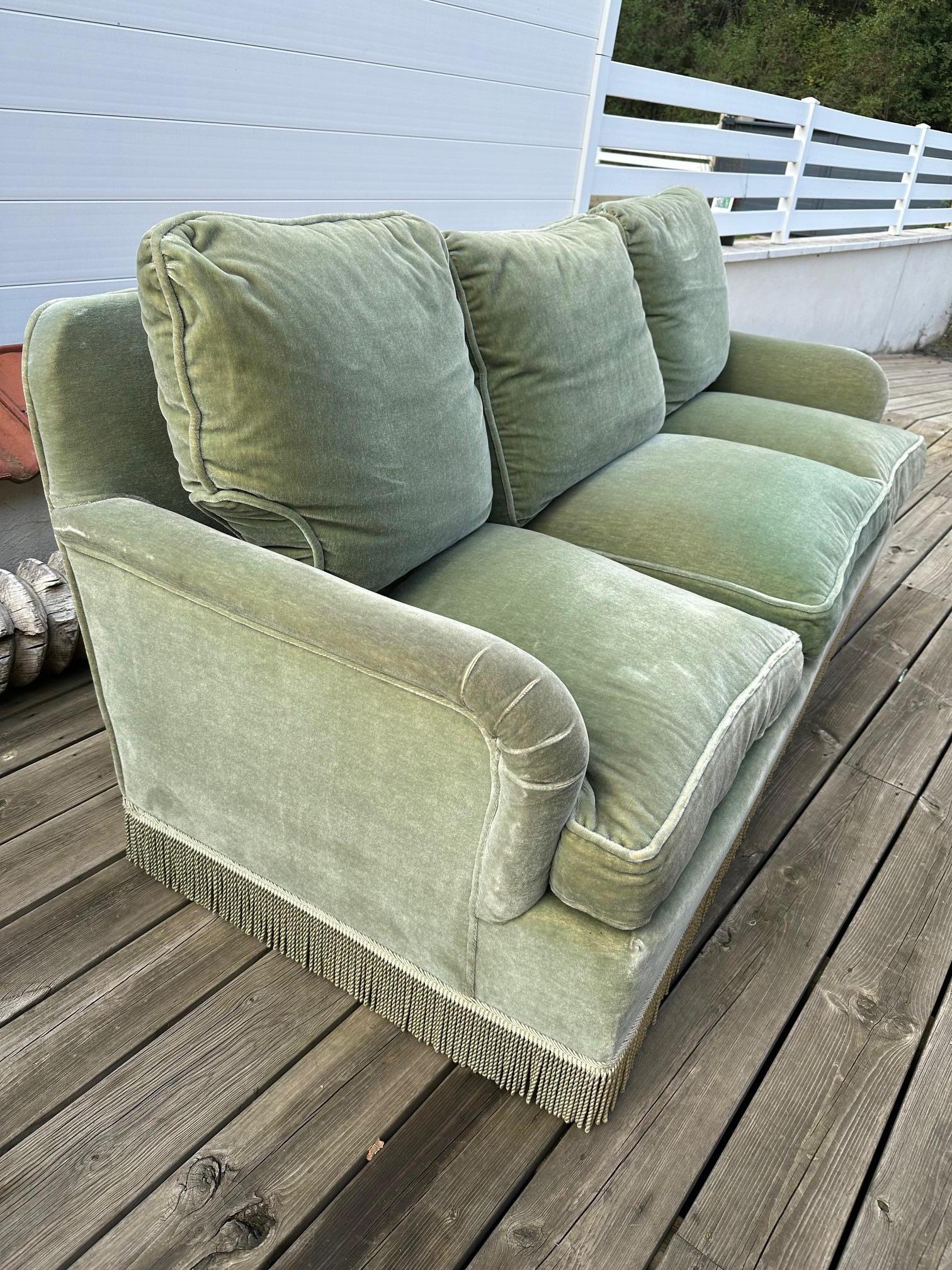 20th century French vintage Green Velvet and Fringes 3 seats Sofa 2