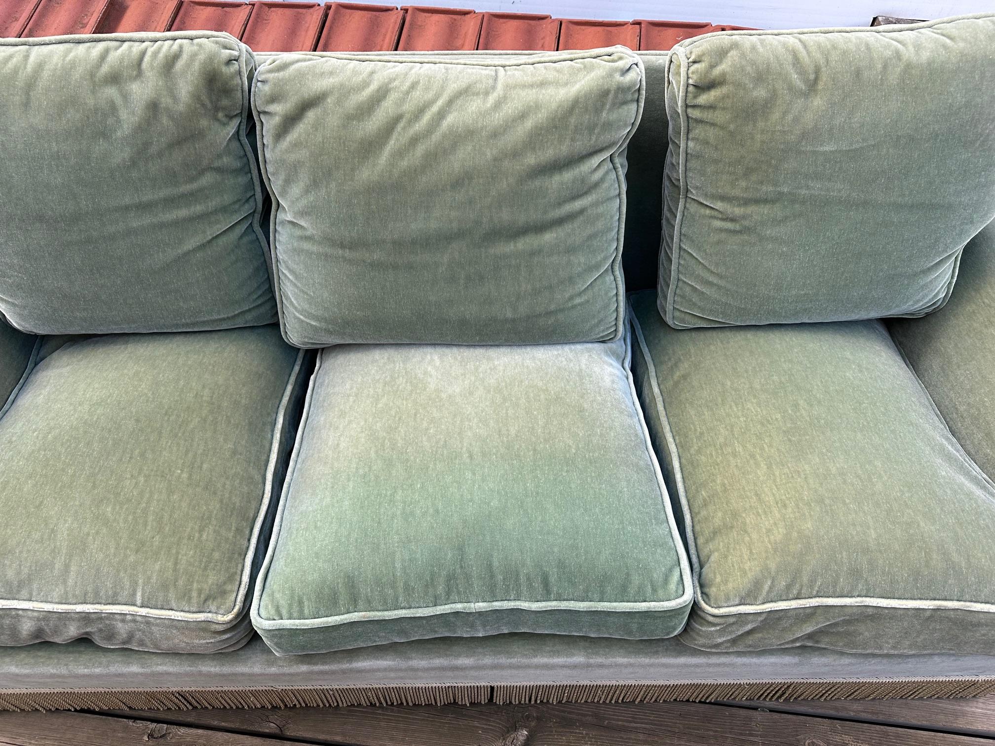 20th century French vintage Green Velvet and Fringes 3 seats Sofa 3