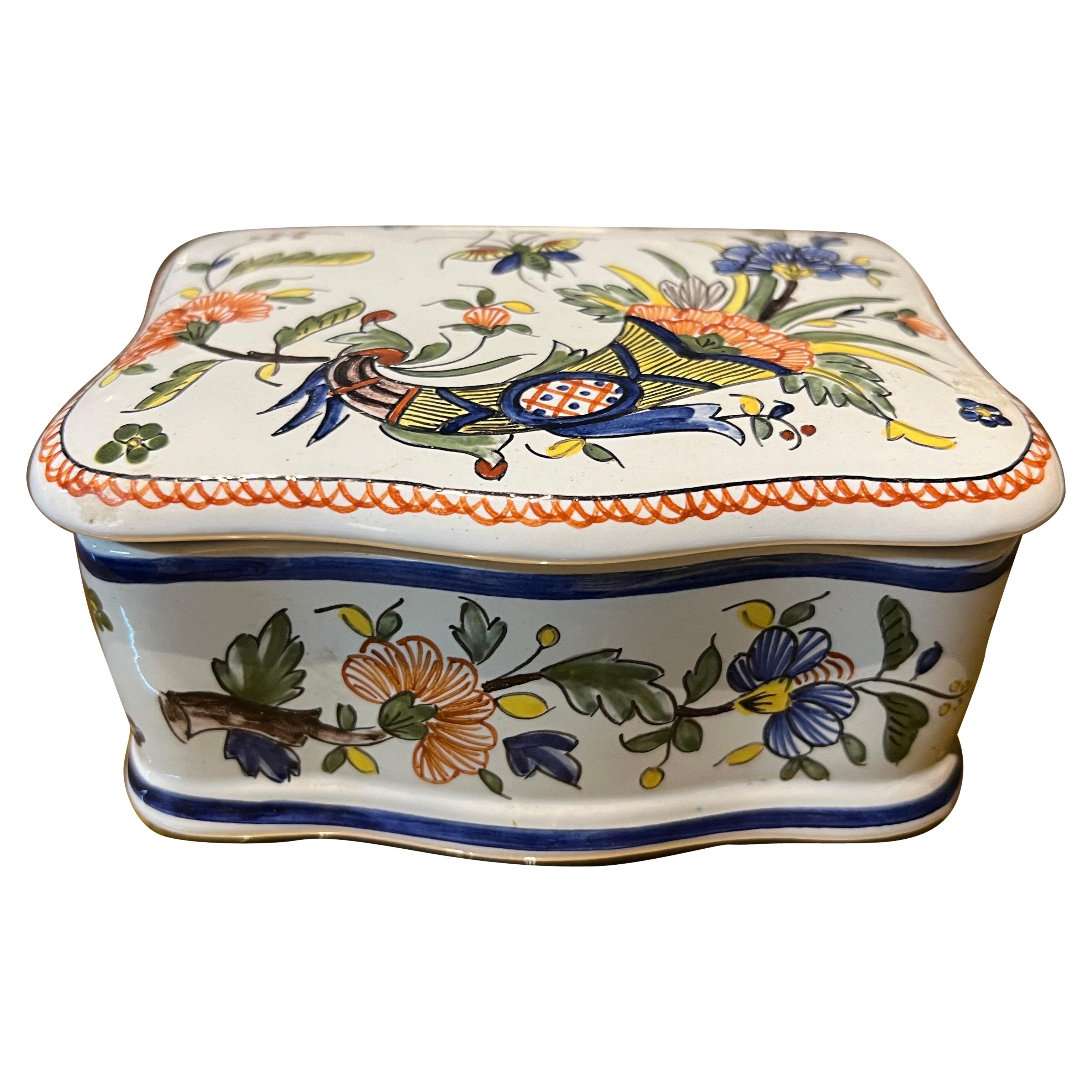 20th Century French Vintage Hand-Painted Ceramic Trinket Box