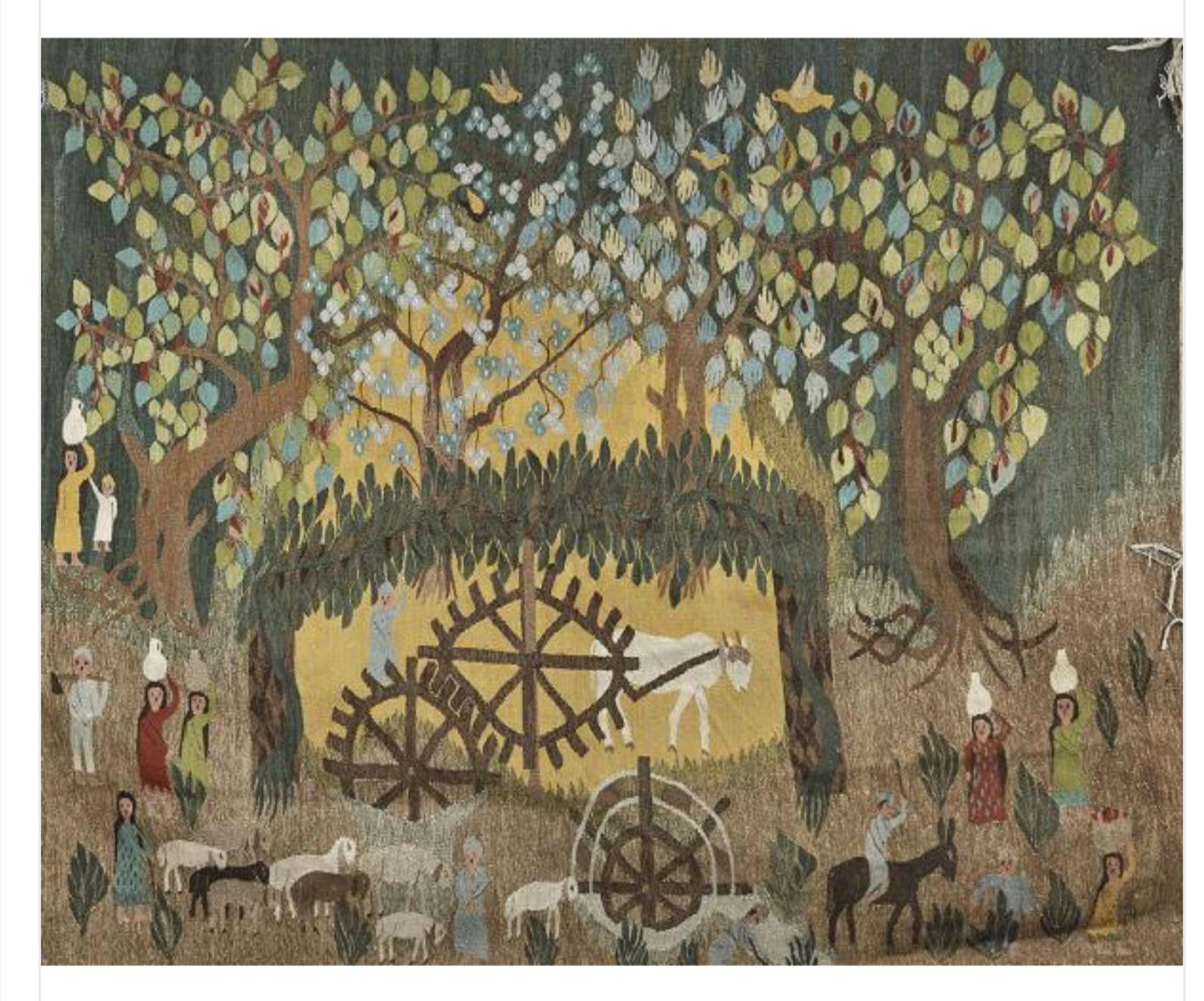 Large French handmade wool tapestry of forest scene with lots of characters and animals. 
France, circa 1950-1960.