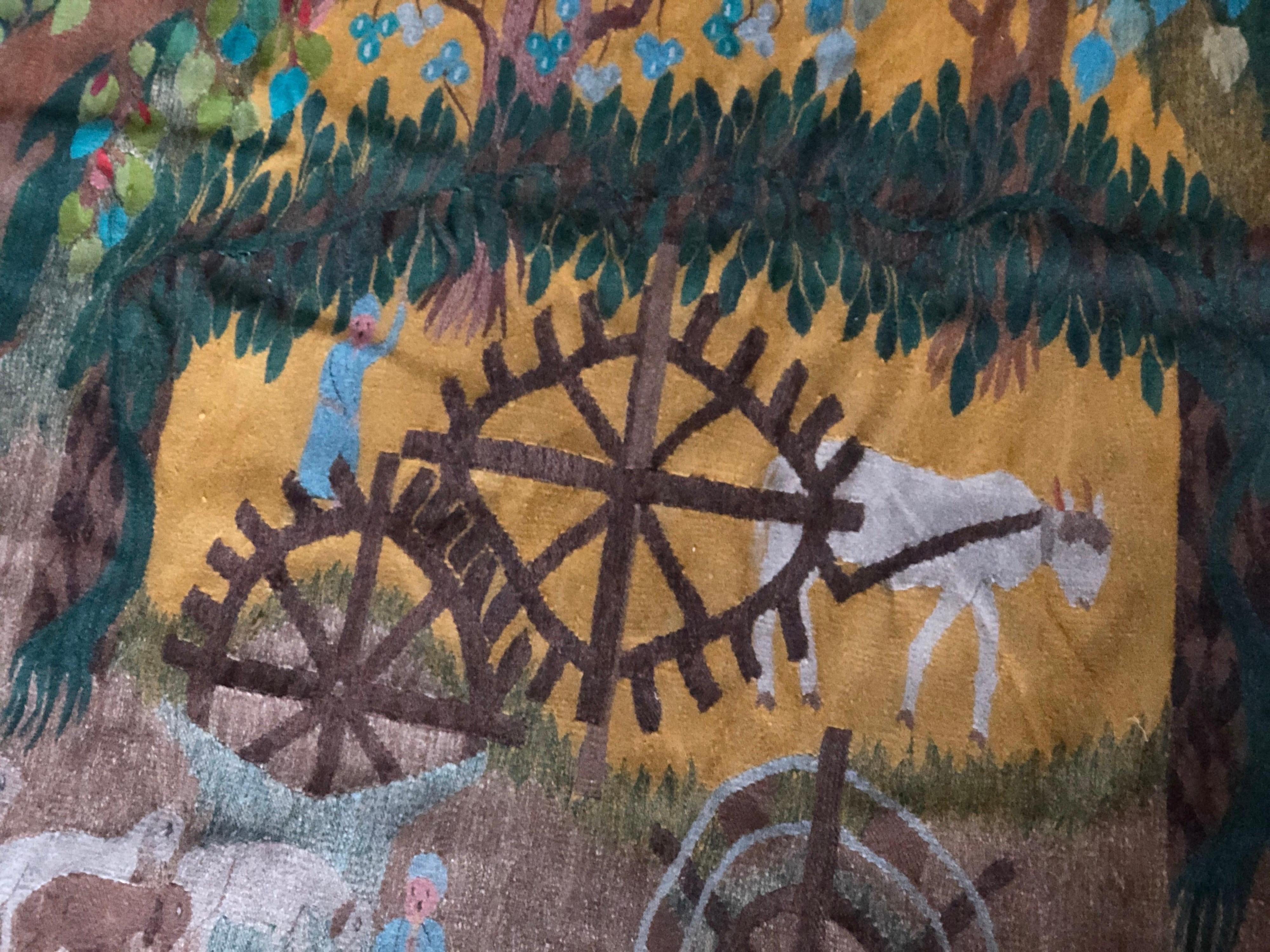 Hand-Knotted 20th Century French Vintage Handmade Wool Tapestry with Forest Scene