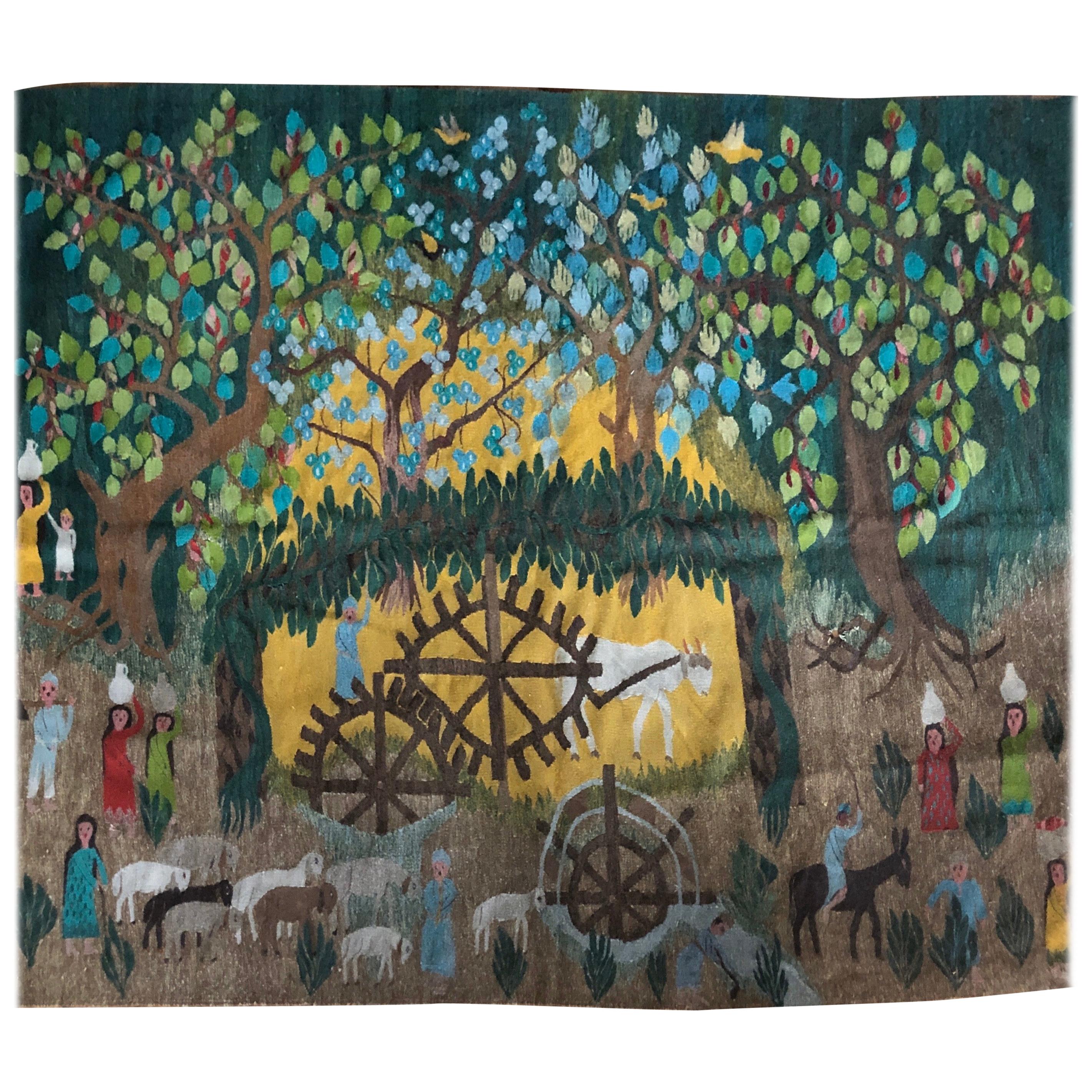 20th Century French Vintage Handmade Wool Tapestry with Forest Scene