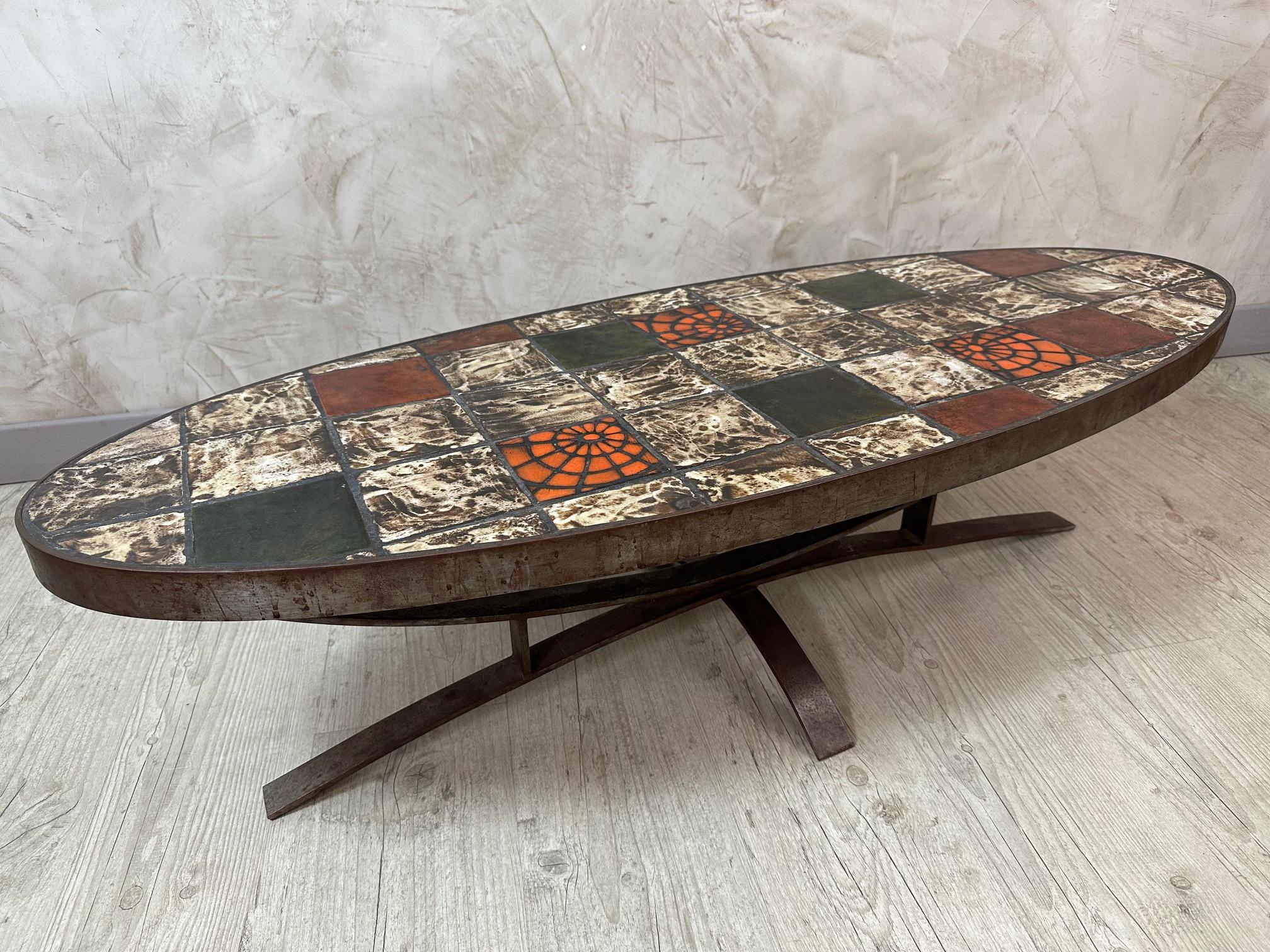 Français Table basse en métal et céramique vintage française du 20e siècle, 1960 en vente