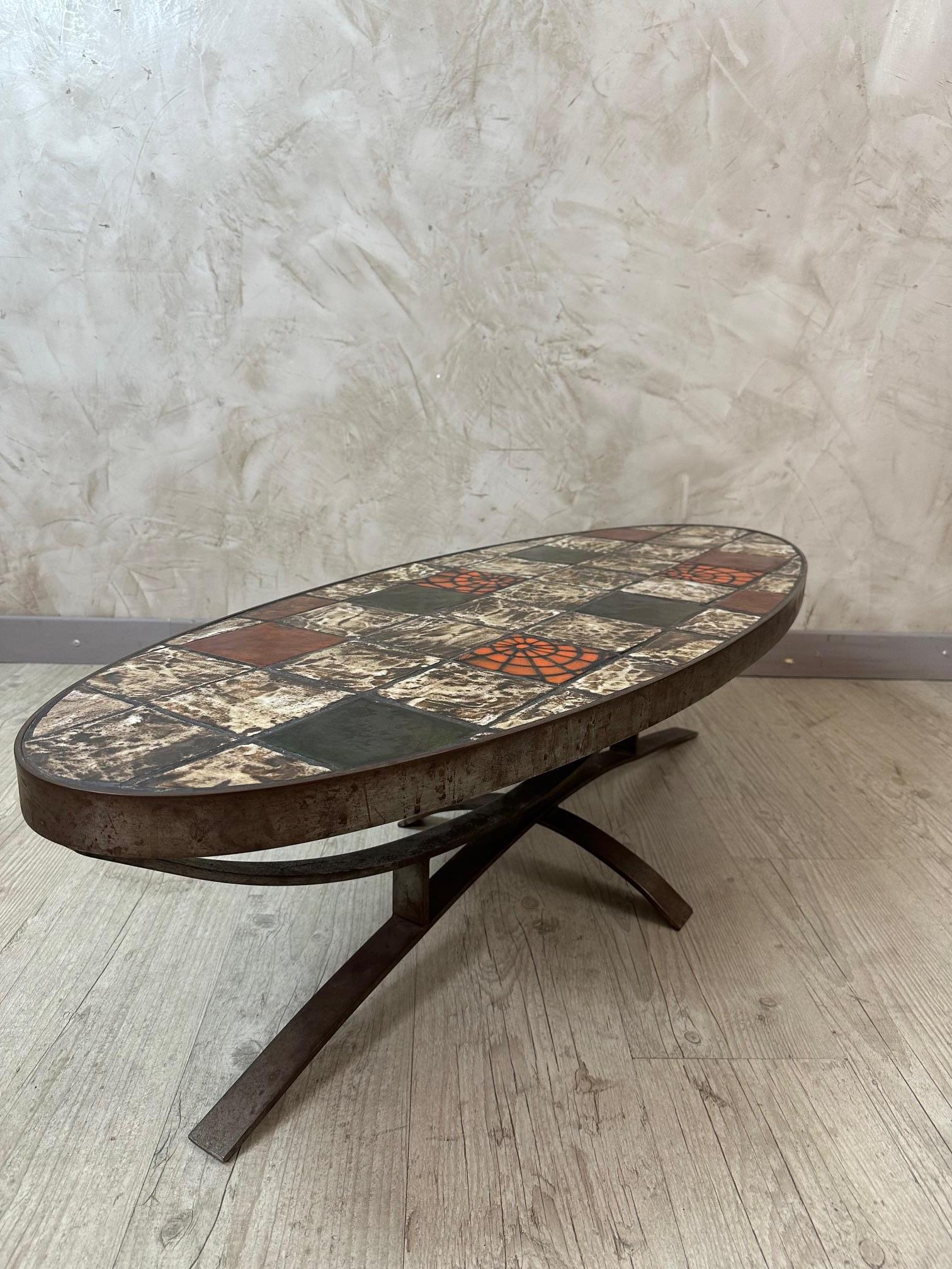 Table basse en métal et céramique vintage française du 20e siècle, 1960 en vente 3