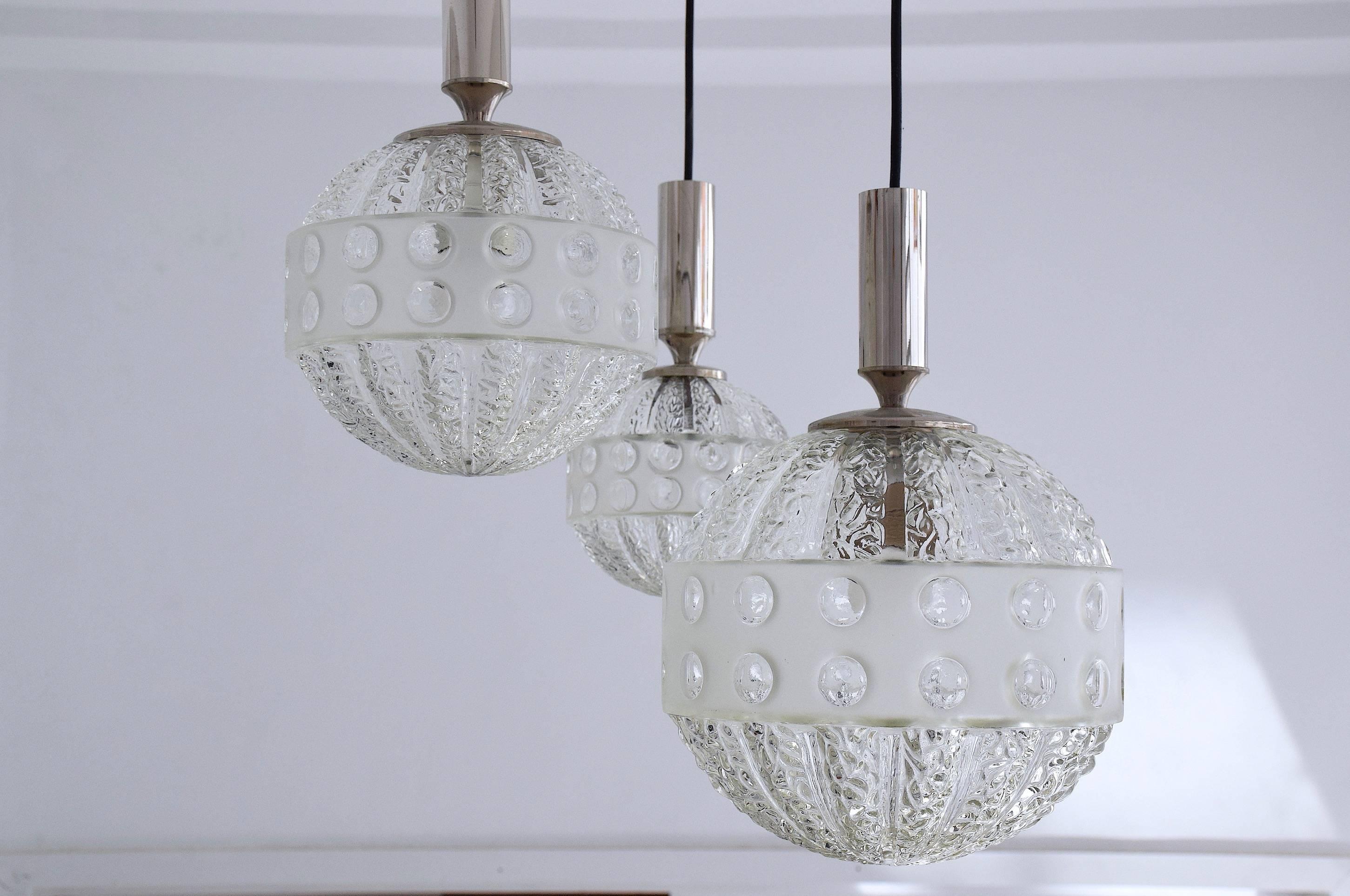 20th Century French Globe Three-Light Glass Pendant, 1970s 1