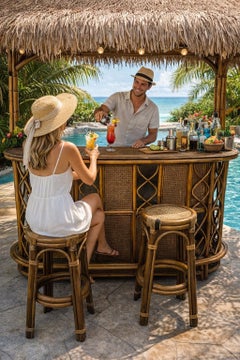 20th century French Vintage Rattan Bar and Stools, 1960s