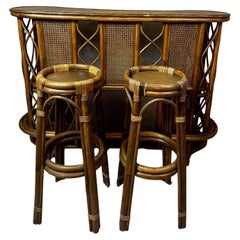 20th century French Vintage Rattan Bar and Stools, 1960s
