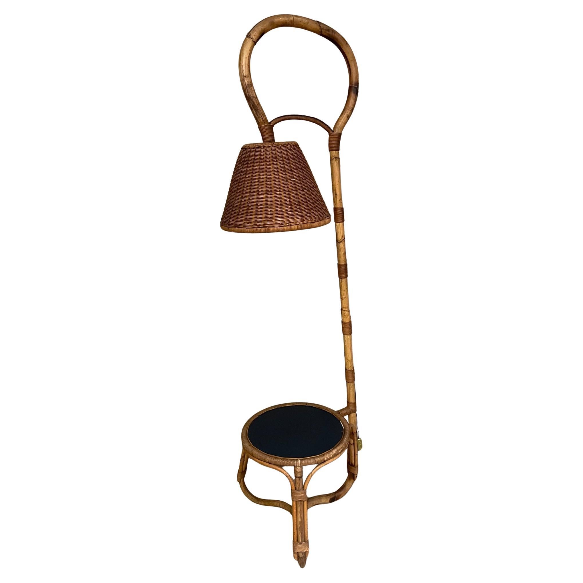 20th century French Vintage Rattan Floor lamp with a Table, 1960s at