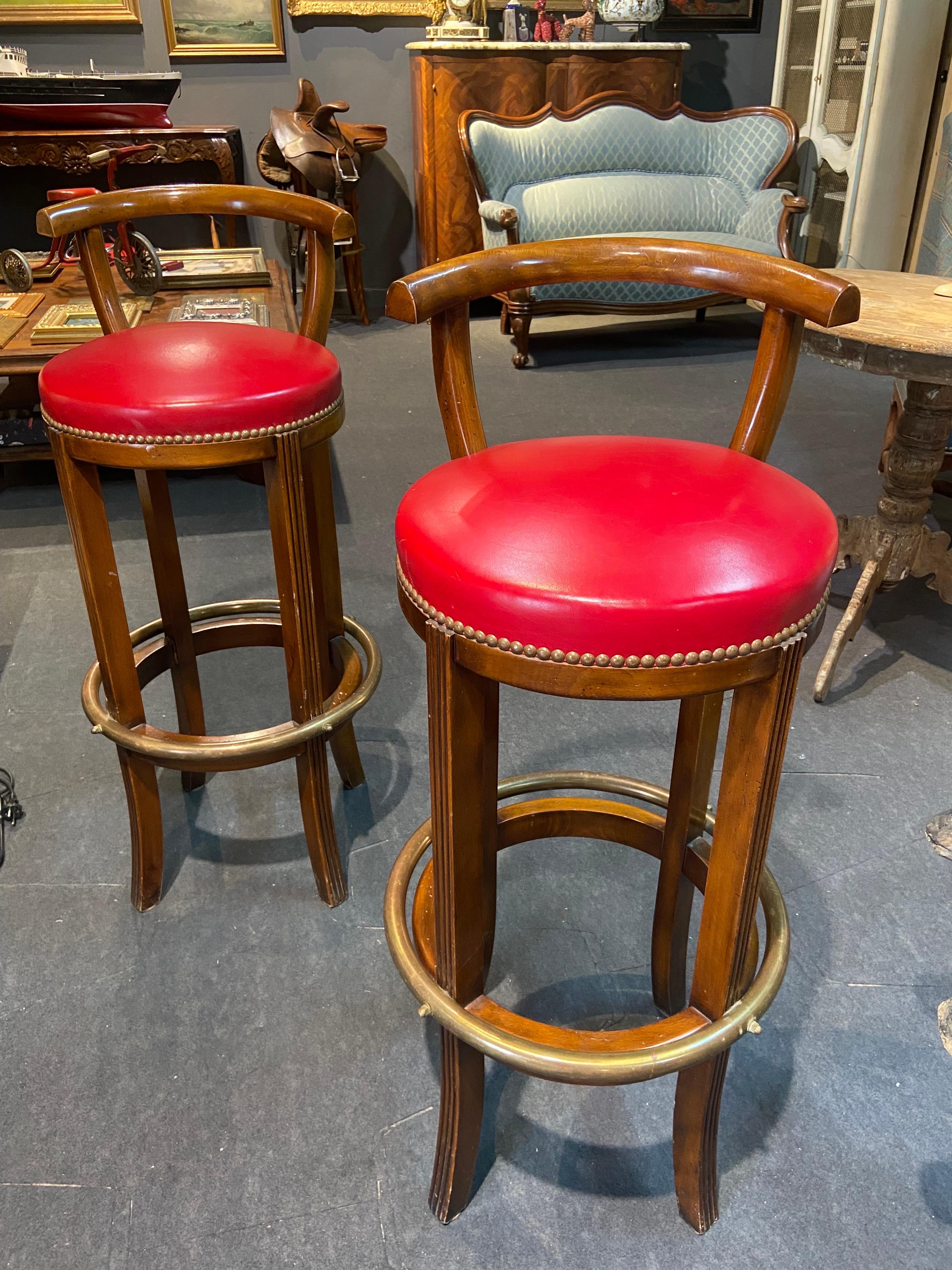 20th Century French Vintage Round Walnut Bar Stools in Red Leather In Good Condition In Sofia, BG