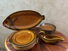 20th century French Vintage Sarreguemines Majolica Fish Serving pieces, 1950s