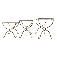 Vintage French Art Deco Brass Nesting Tables with Smoked Glass, 1940