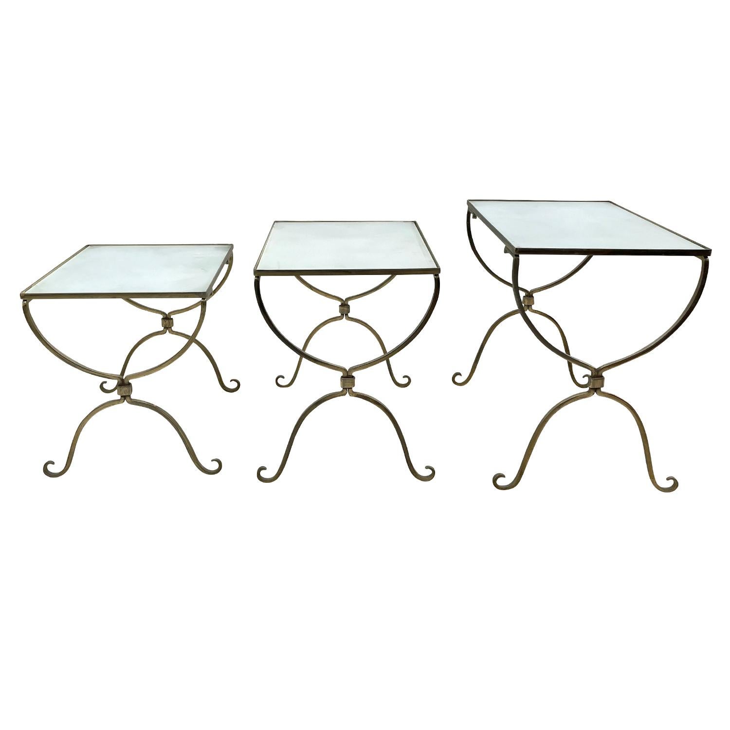 Art Deco 20th Century Gold French Vintage Set of Three Brass Nesting, Glass Side Tables For Sale