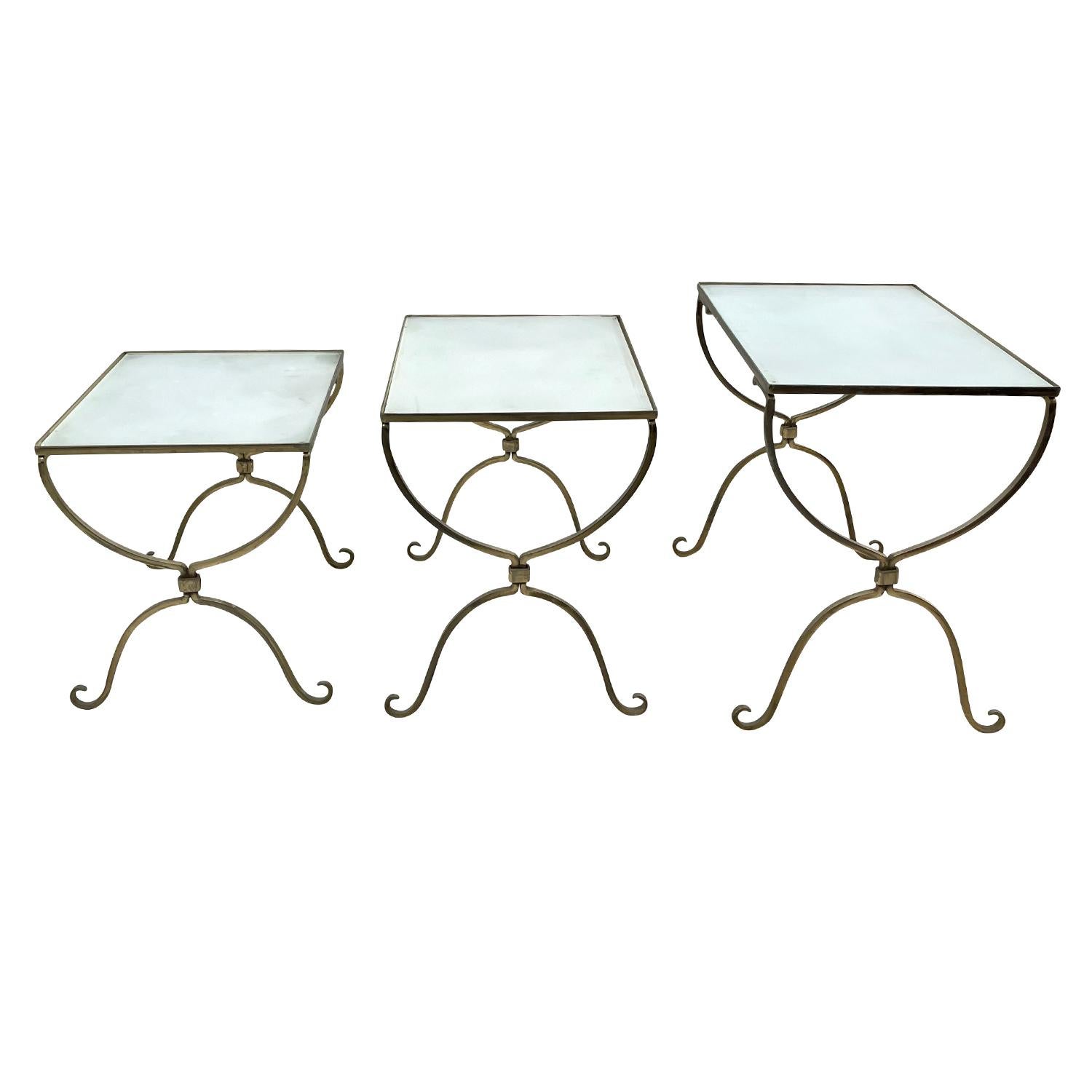 Hand-Crafted 20th Century Gold French Vintage Set of Three Brass Nesting, Glass Side Tables For Sale