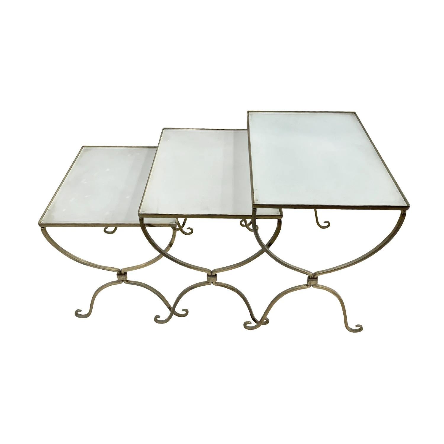 Metal 20th Century Gold French Vintage Set of Three Brass Nesting, Glass Side Tables For Sale