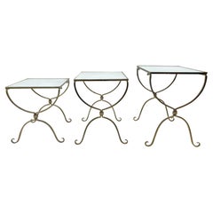20th Century Gold French Vintage Set of Three Brass Nesting, Glass Side Tables