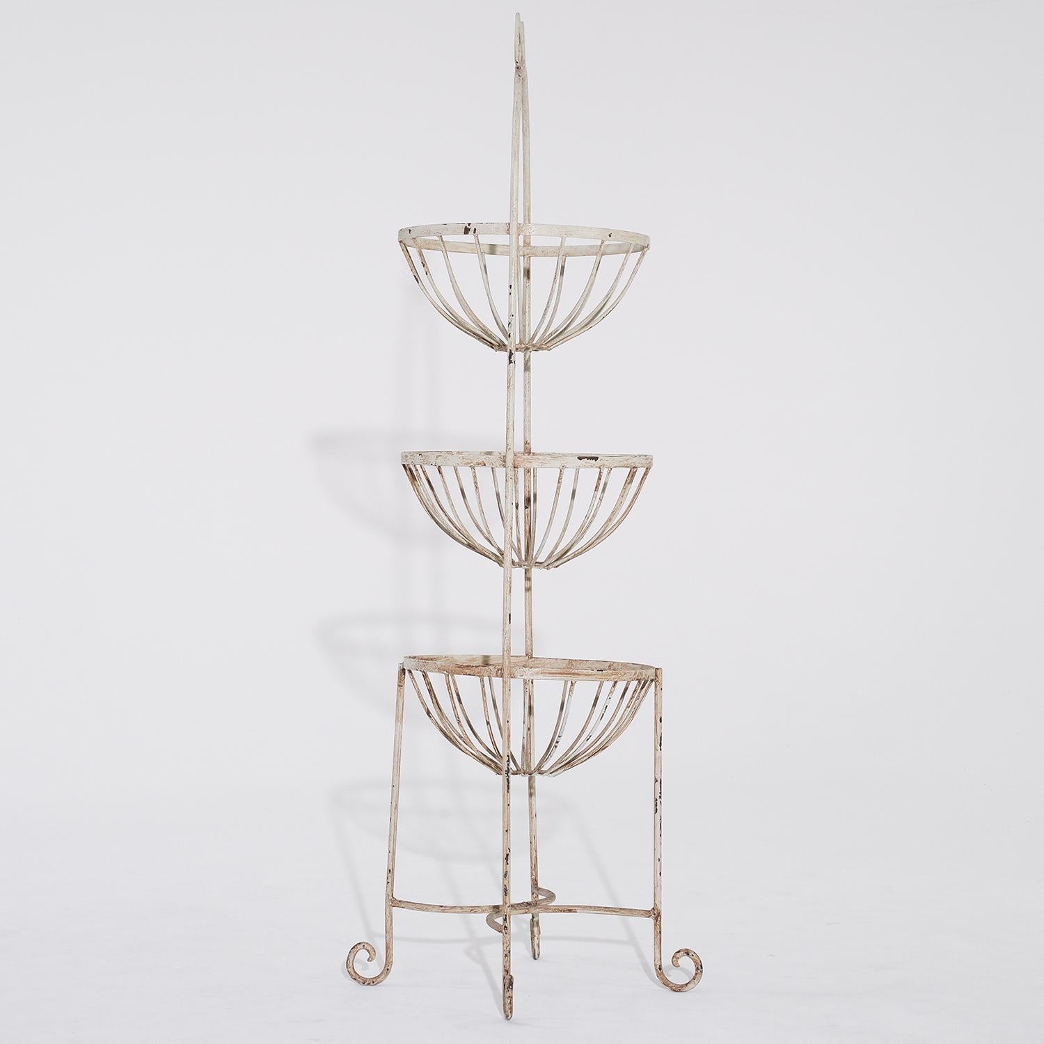 Patinated 20th Century French Vintage Three-Tier Metal Garden Plant Stand For Sale