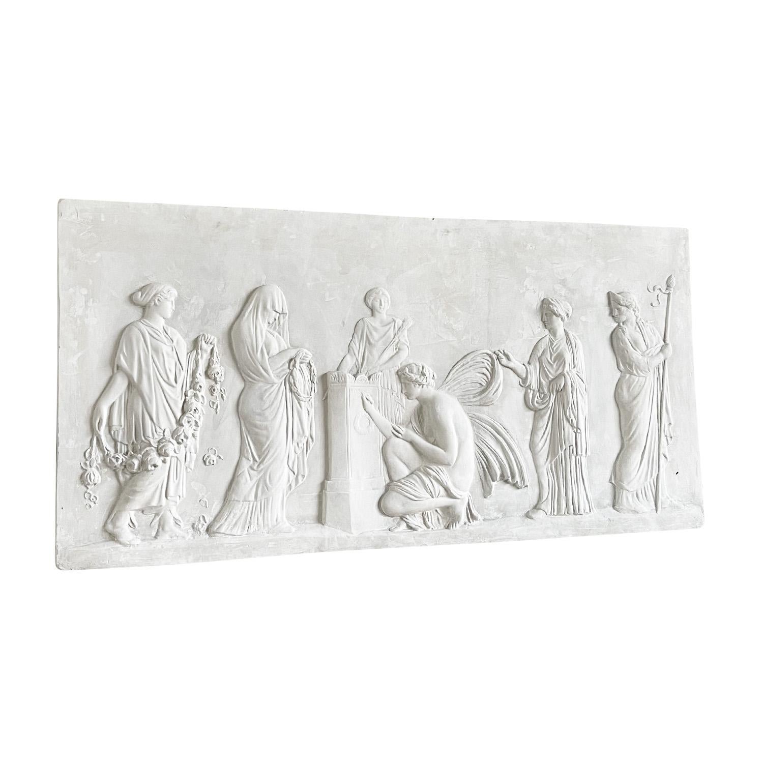 A large vintage rectangular wall relief in French Plaster, from the Parthenon to Neoclassical style, in good condition.  Hand crafted bas-relief of the Parthenon temple, on the Athenian Acropolis in Athens. Women with Peplum and the Dionysian
