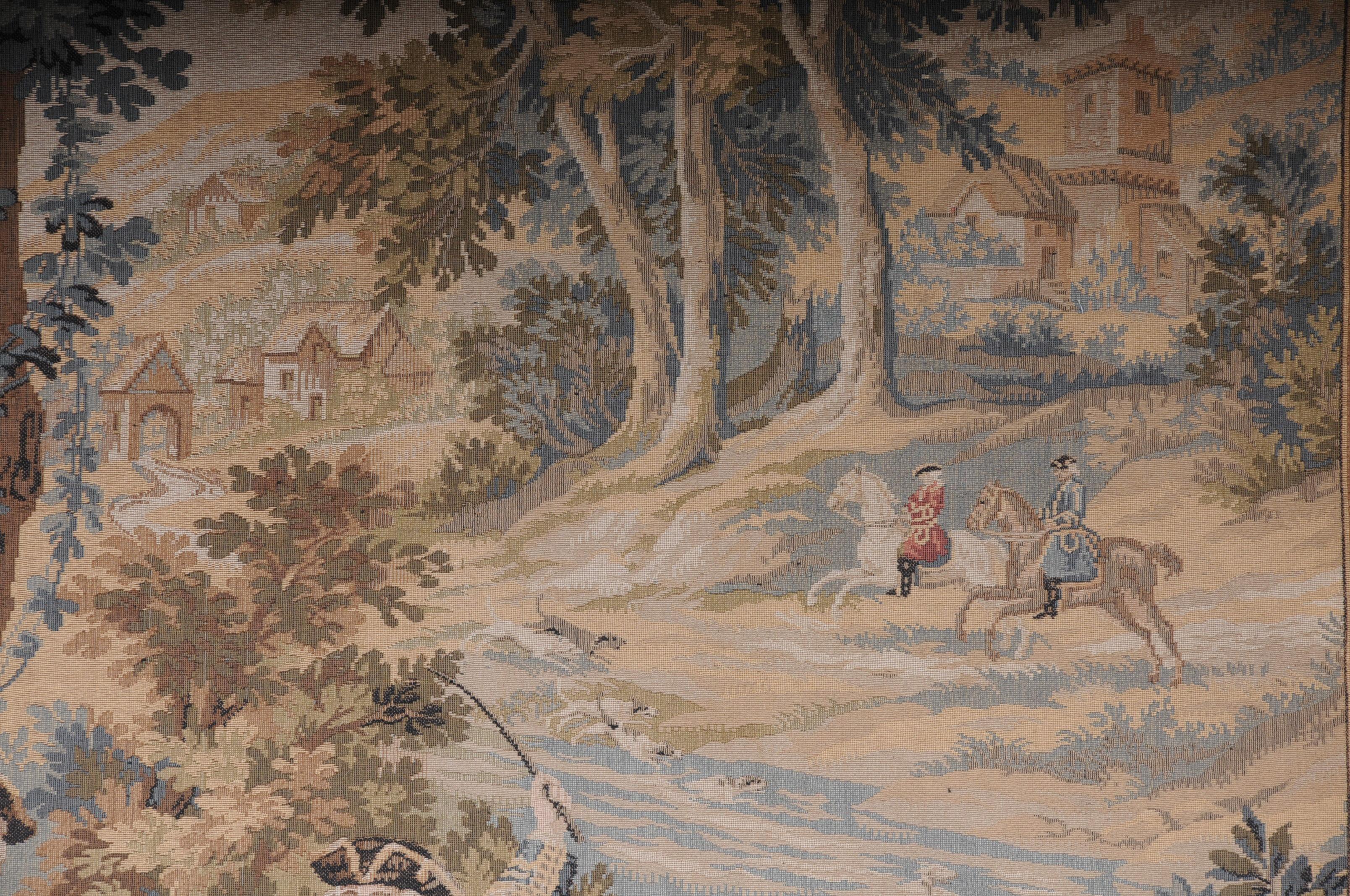 20th Century French wall gobelin tapestry, hunting scene

gobelin tapestry, hunting scene, France 20th Century with curtain rod.