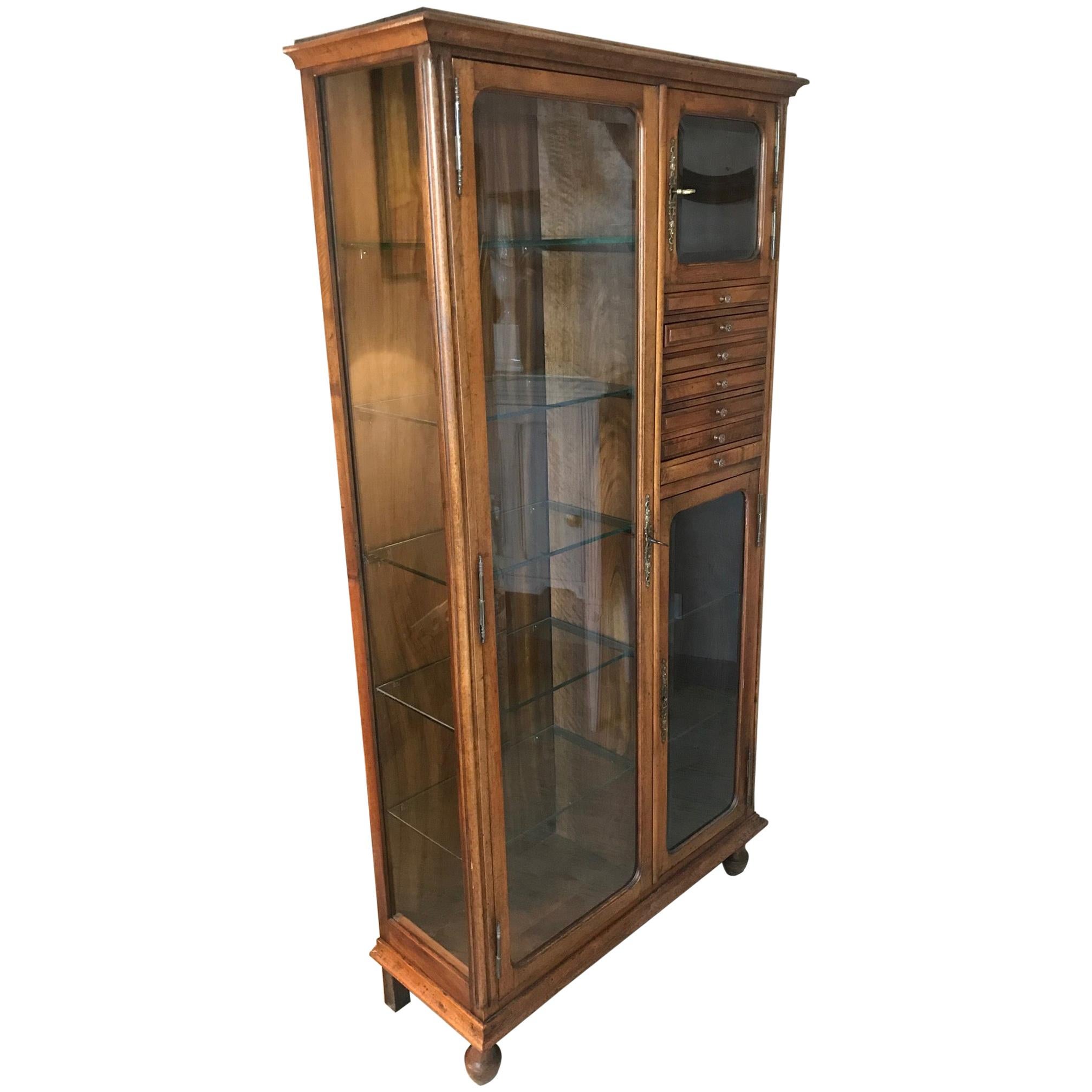 20th Century French Walnut and Glass Dentist Vitrine, 1920s