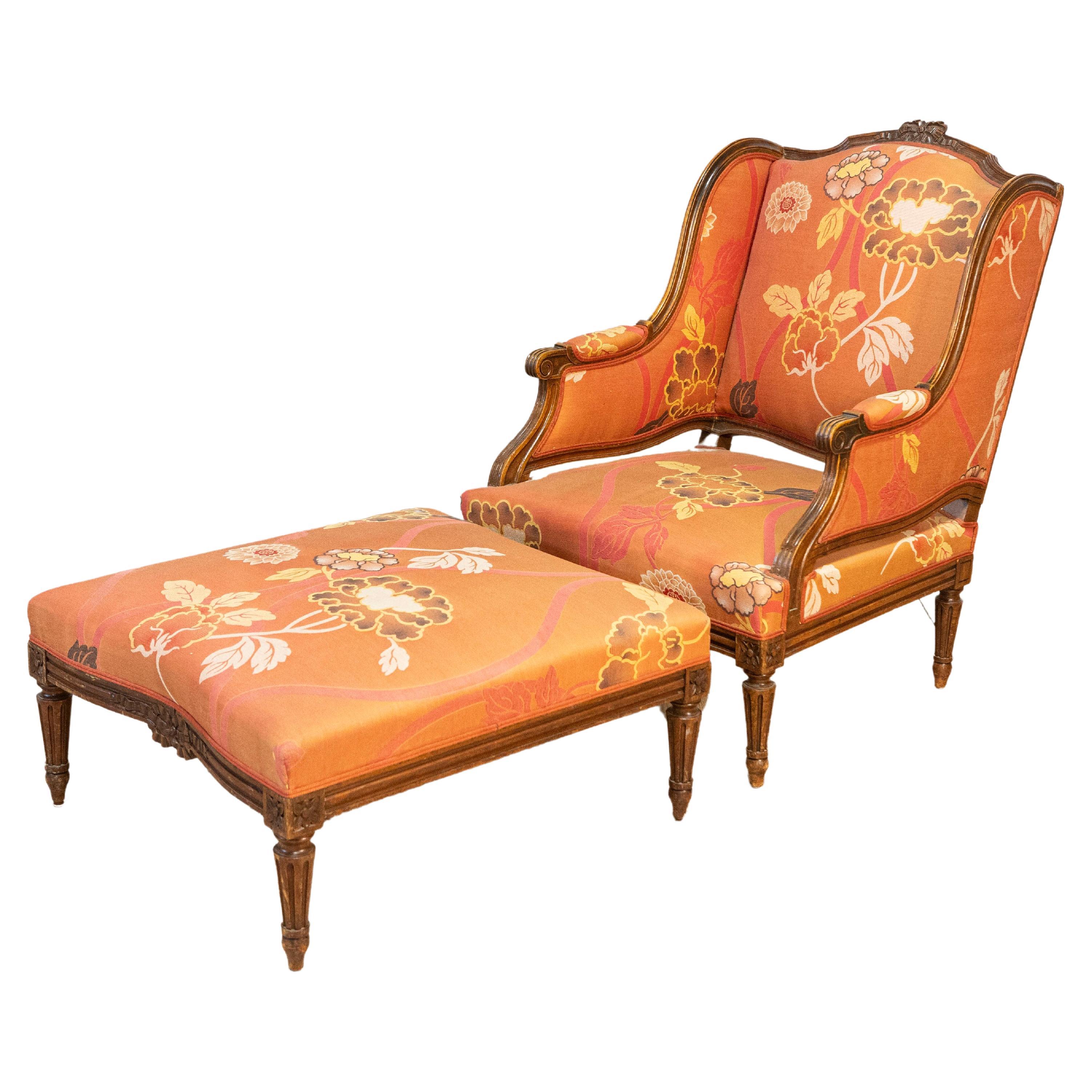20th Century French Walnut Chair and Ottoman For Sale