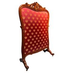 20th Century French Walnut Hand Carved Fireplace Screen with Silk Upholstery