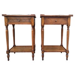 20th Century French Walnut Nightstands with Drawers and Shelves, Set of 2