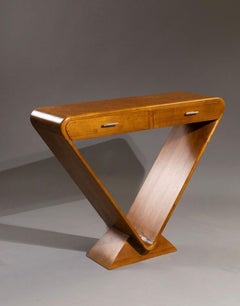 20th Century French Walnut Veneer V-shape Console with Two Front Drawers