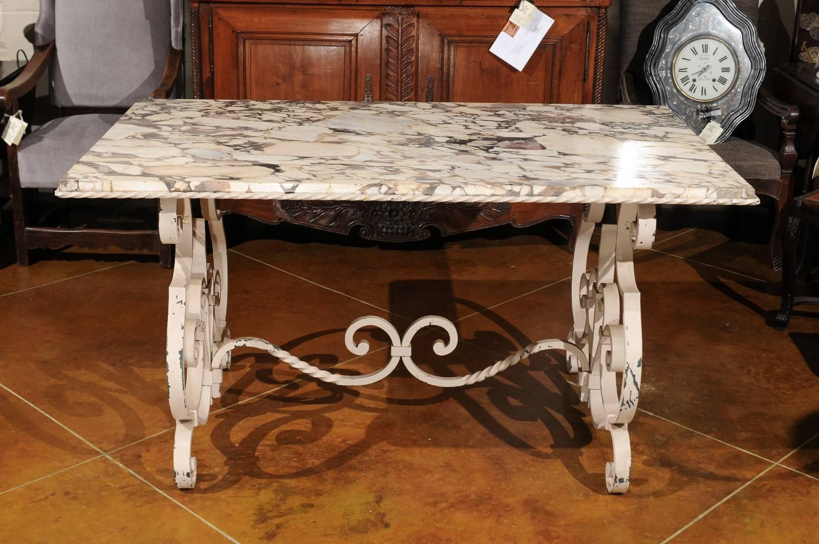 20th Century French White Painted Iron Garden Table with Marble Top For Sale 6